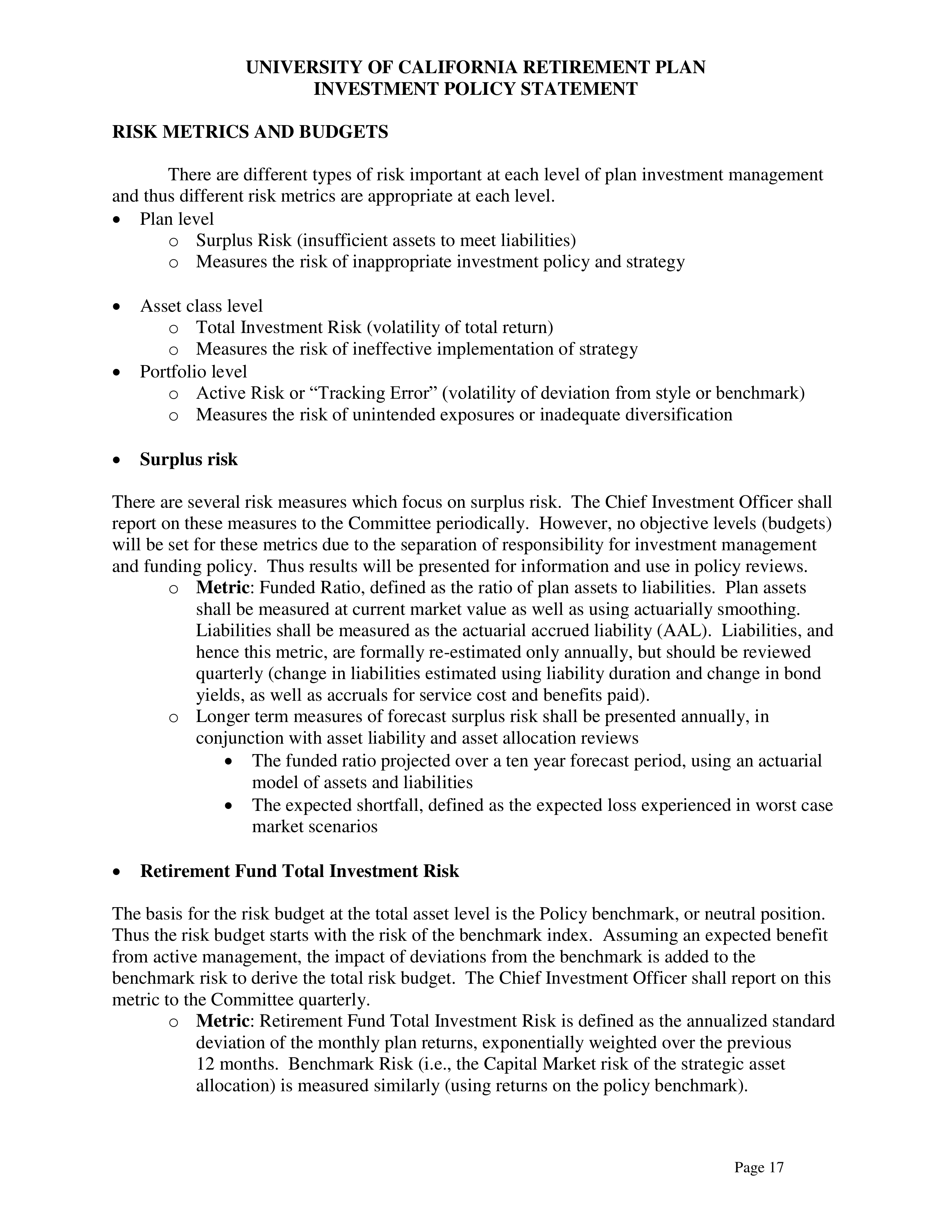 UC Retirement Plan Investment Statement — page 17