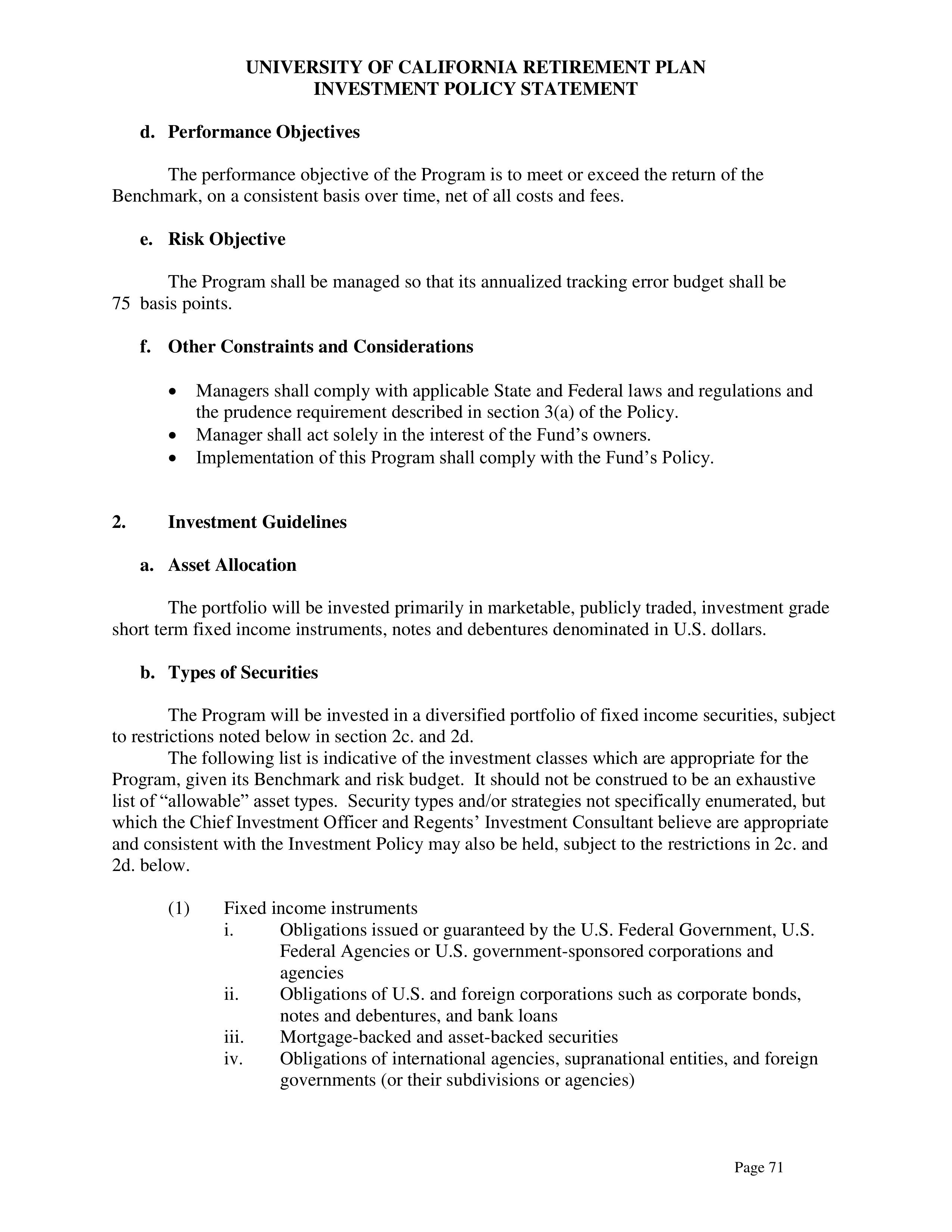UC Retirement Plan Investment Statement — page 71