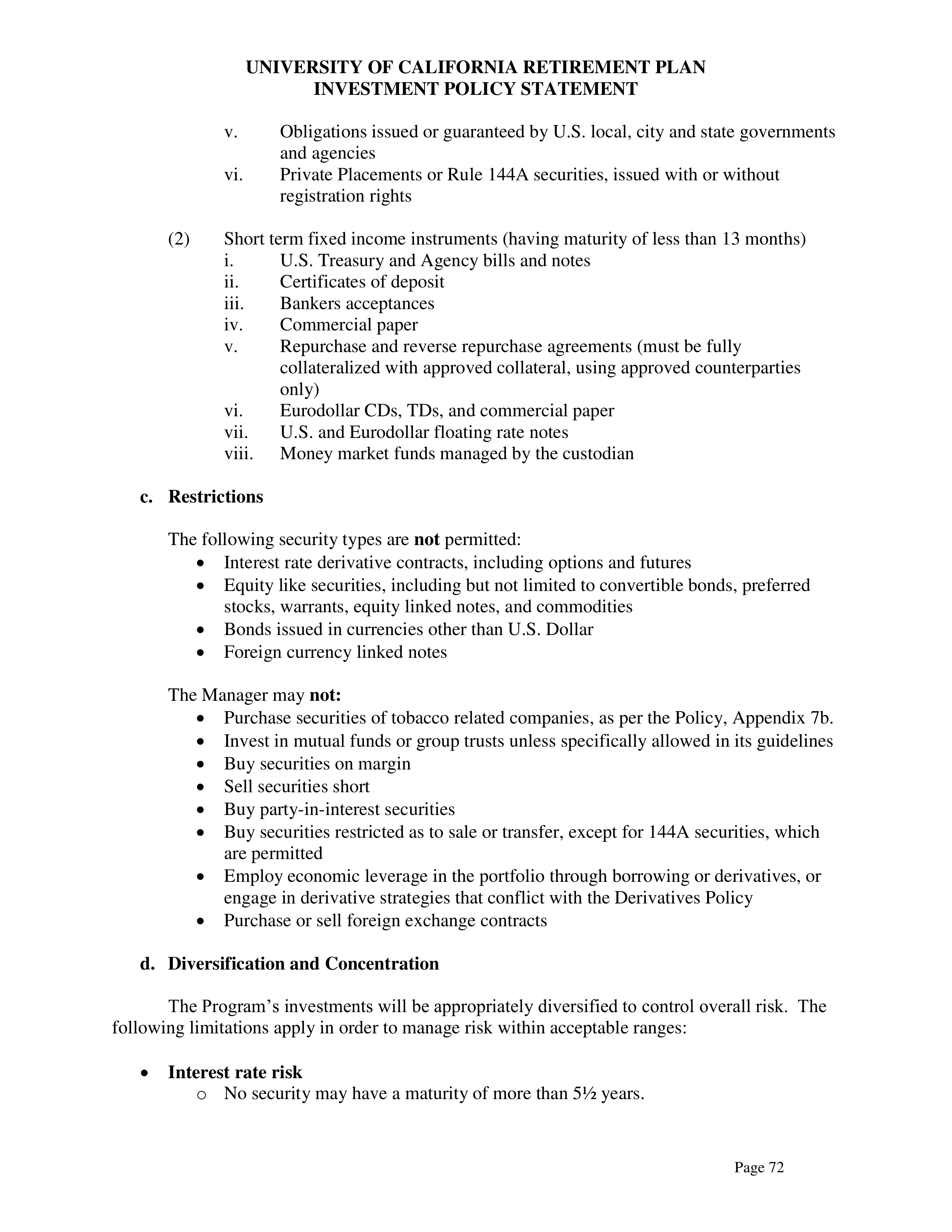 UC Retirement Plan Investment Statement — page 72