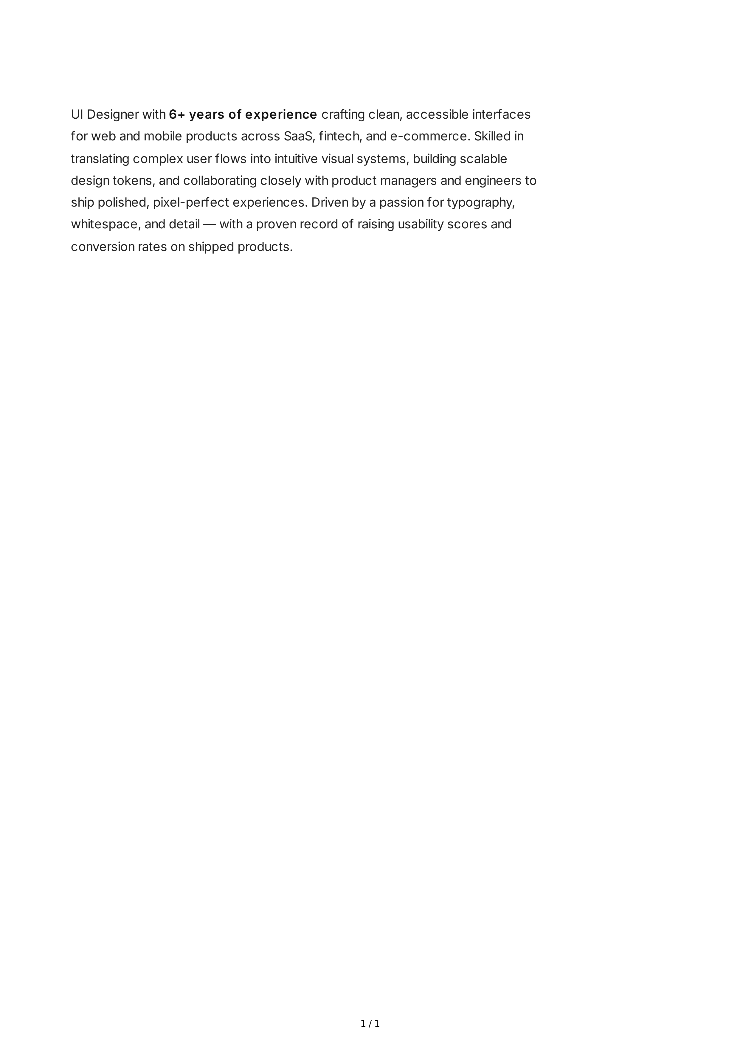 UI Designer Resume Summary — page 1