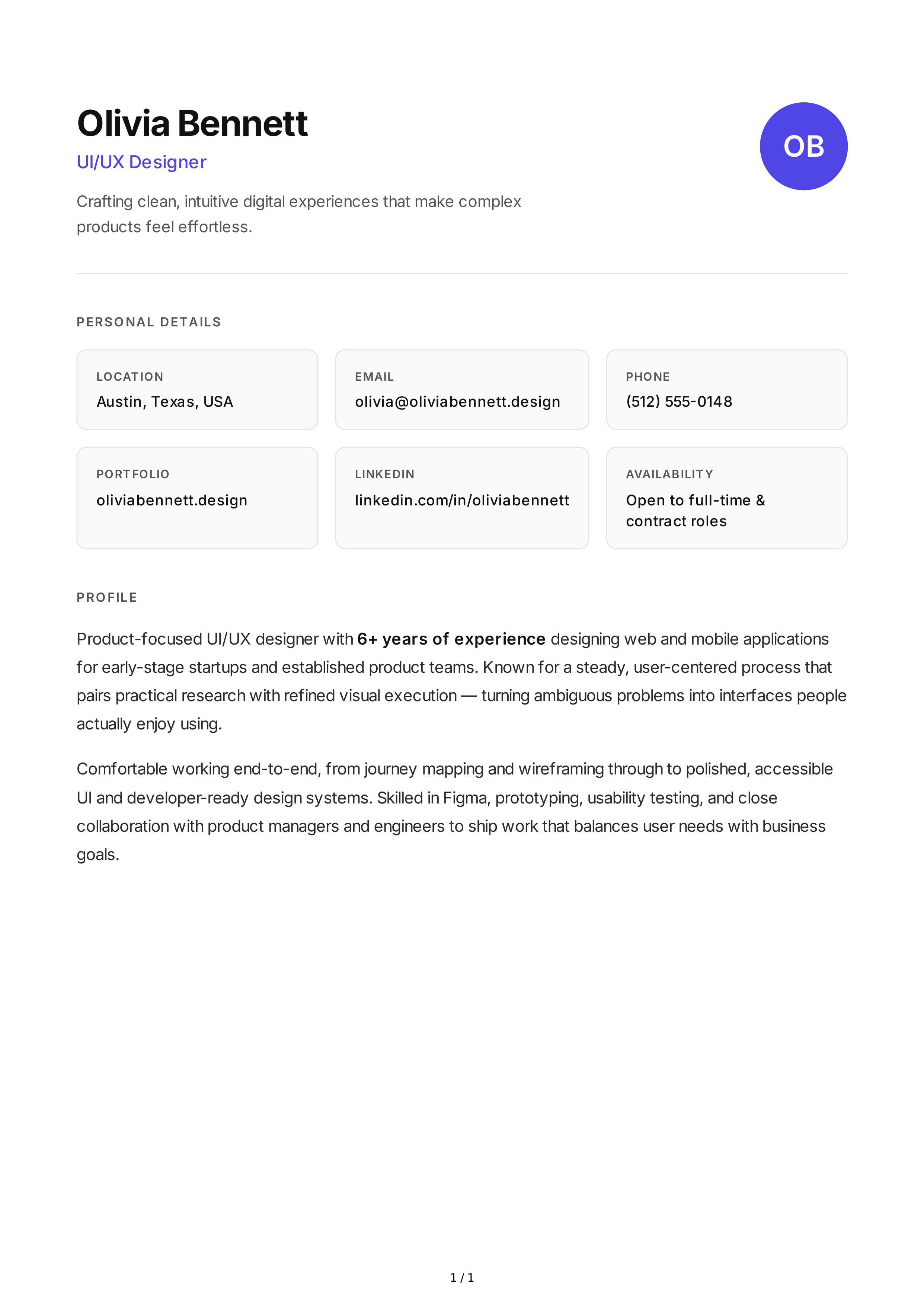 UI/UX Designer Resume Profile — page 1