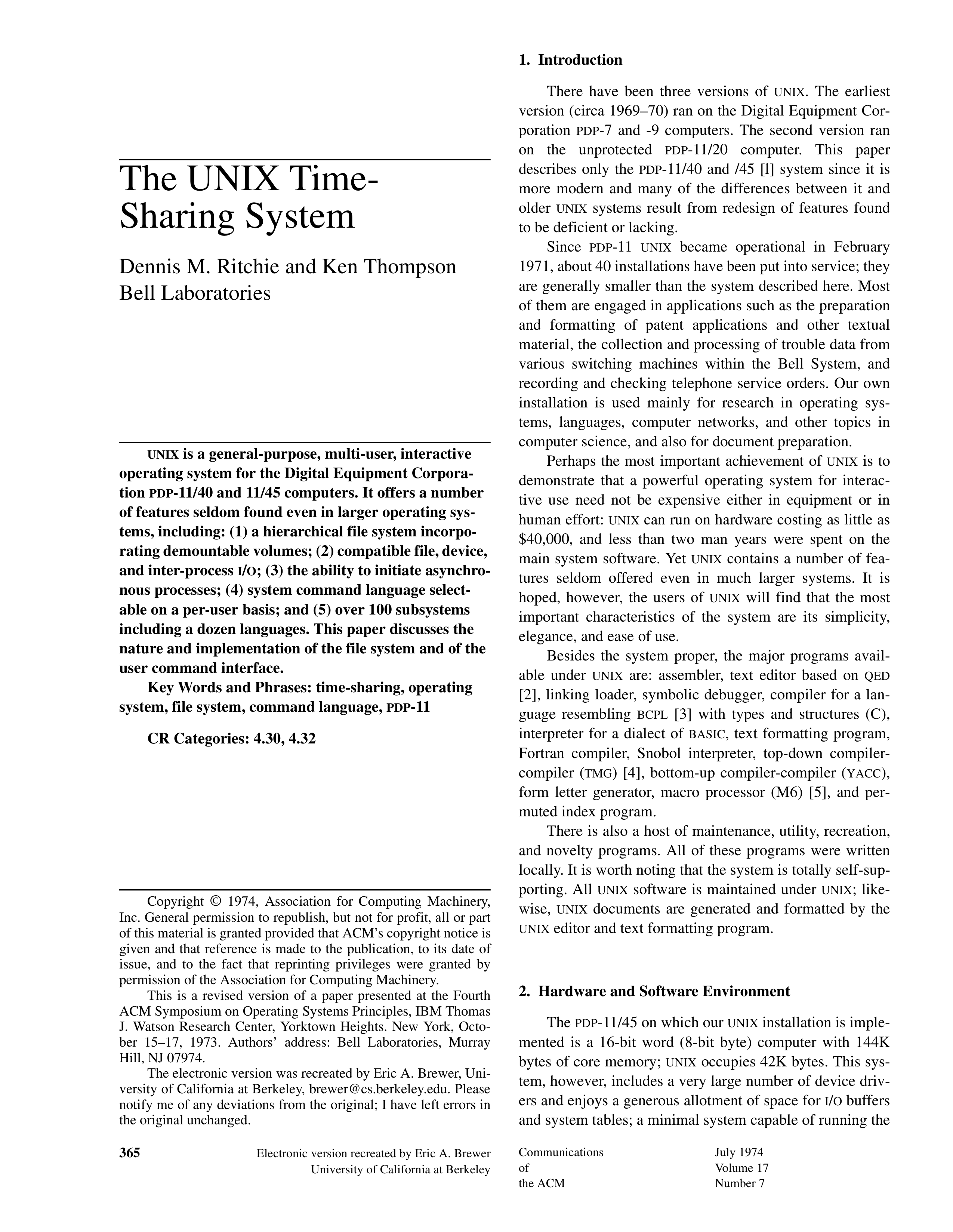 UNIX Time-Sharing System Research Paper by Bell Laboratories — page 1