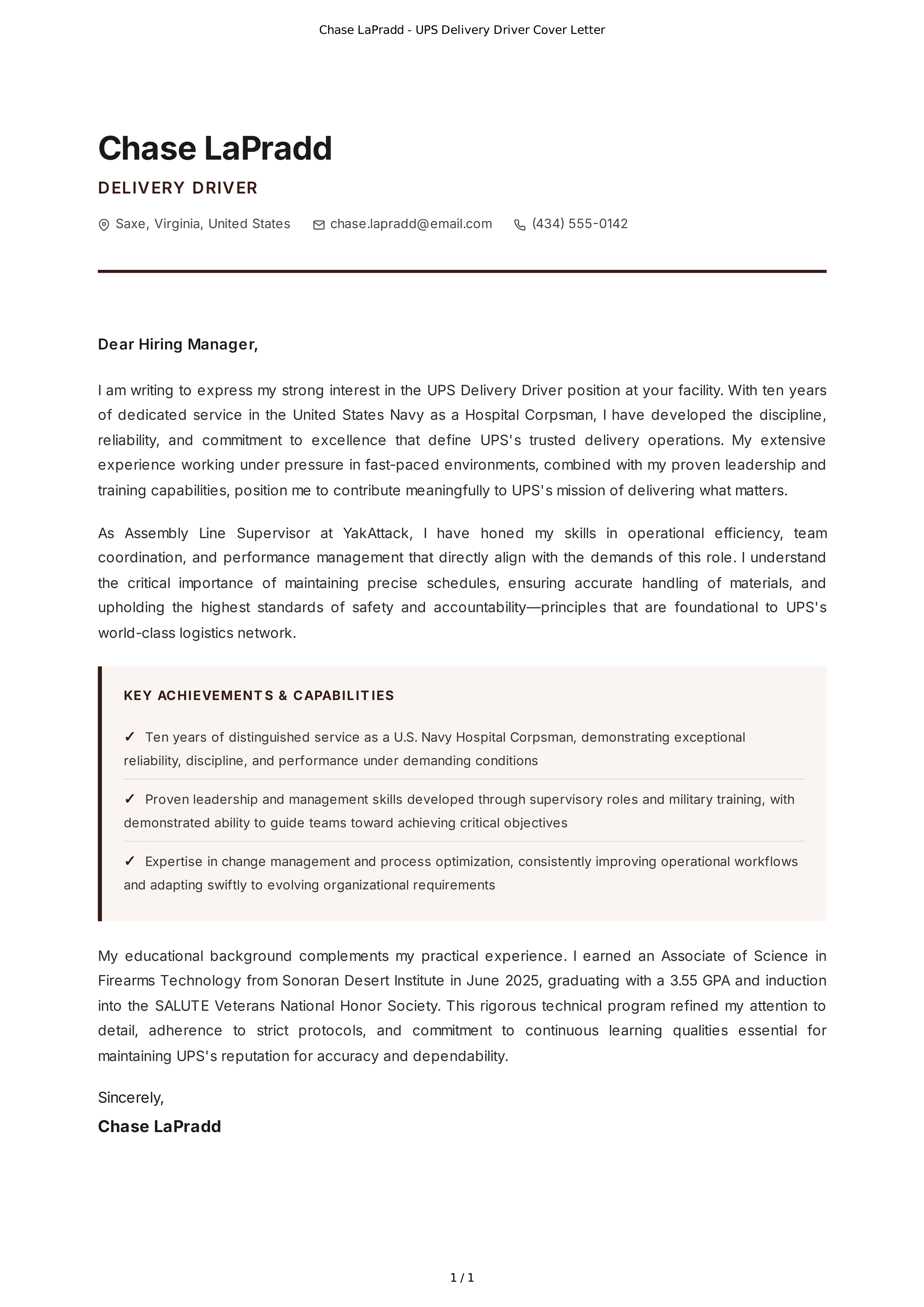 UPS Delivery Driver Cover Letter — page 1