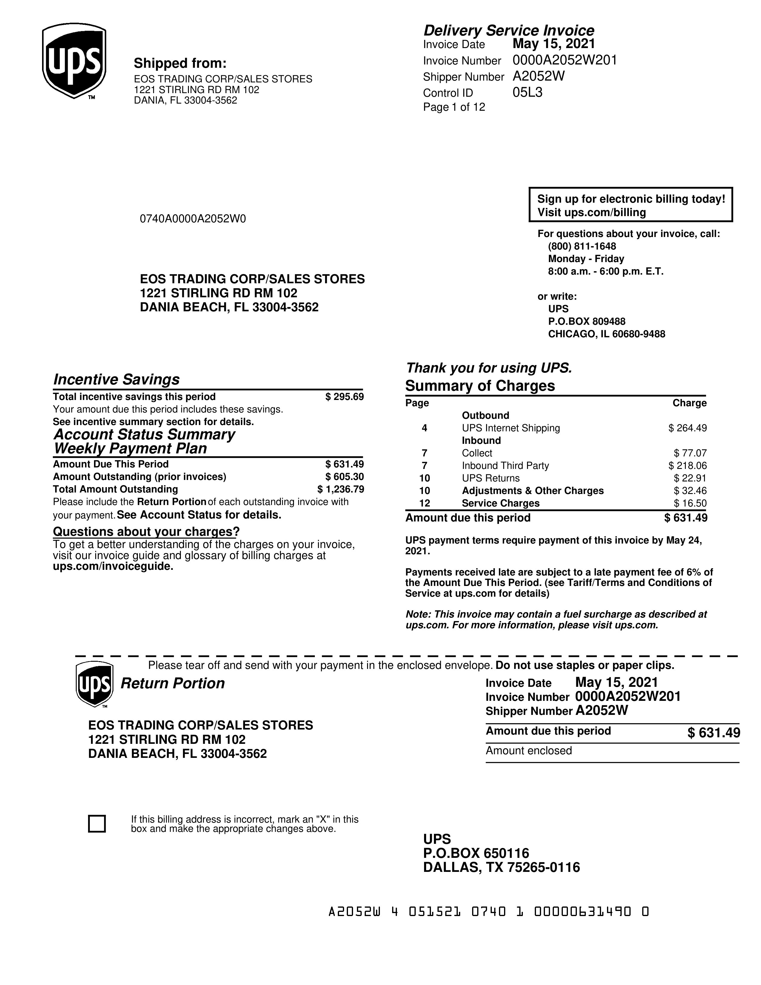 UPS Delivery Service Invoice — page 1