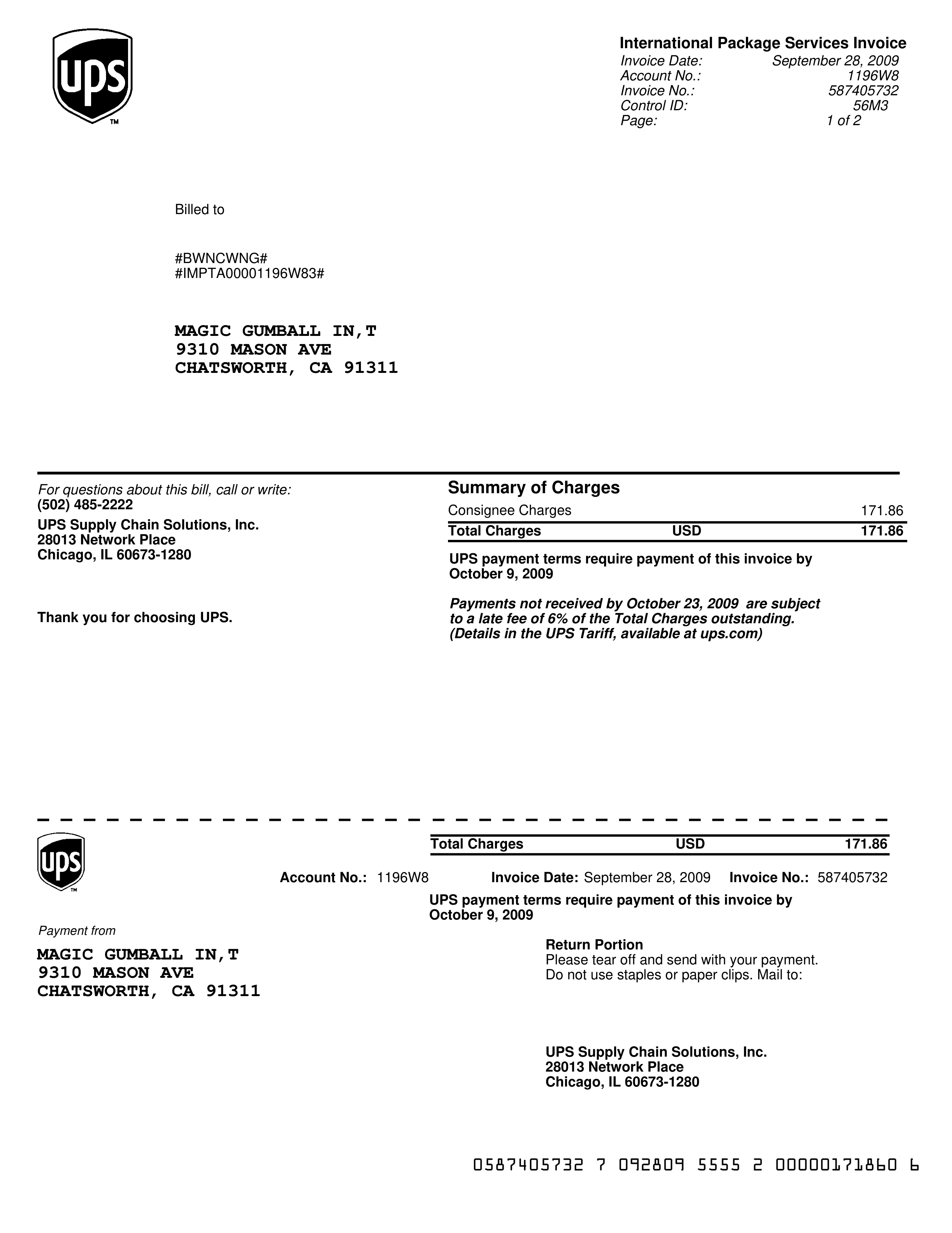 UPS International Package Services Invoice — page 1