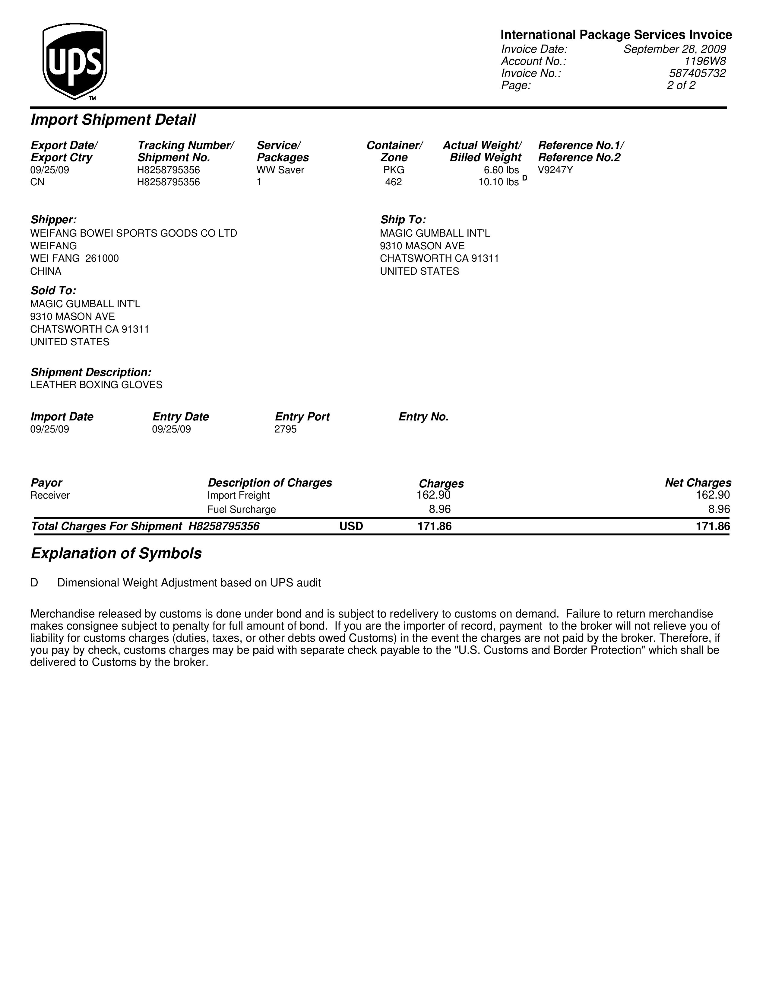 UPS International Package Services Invoice — page 2