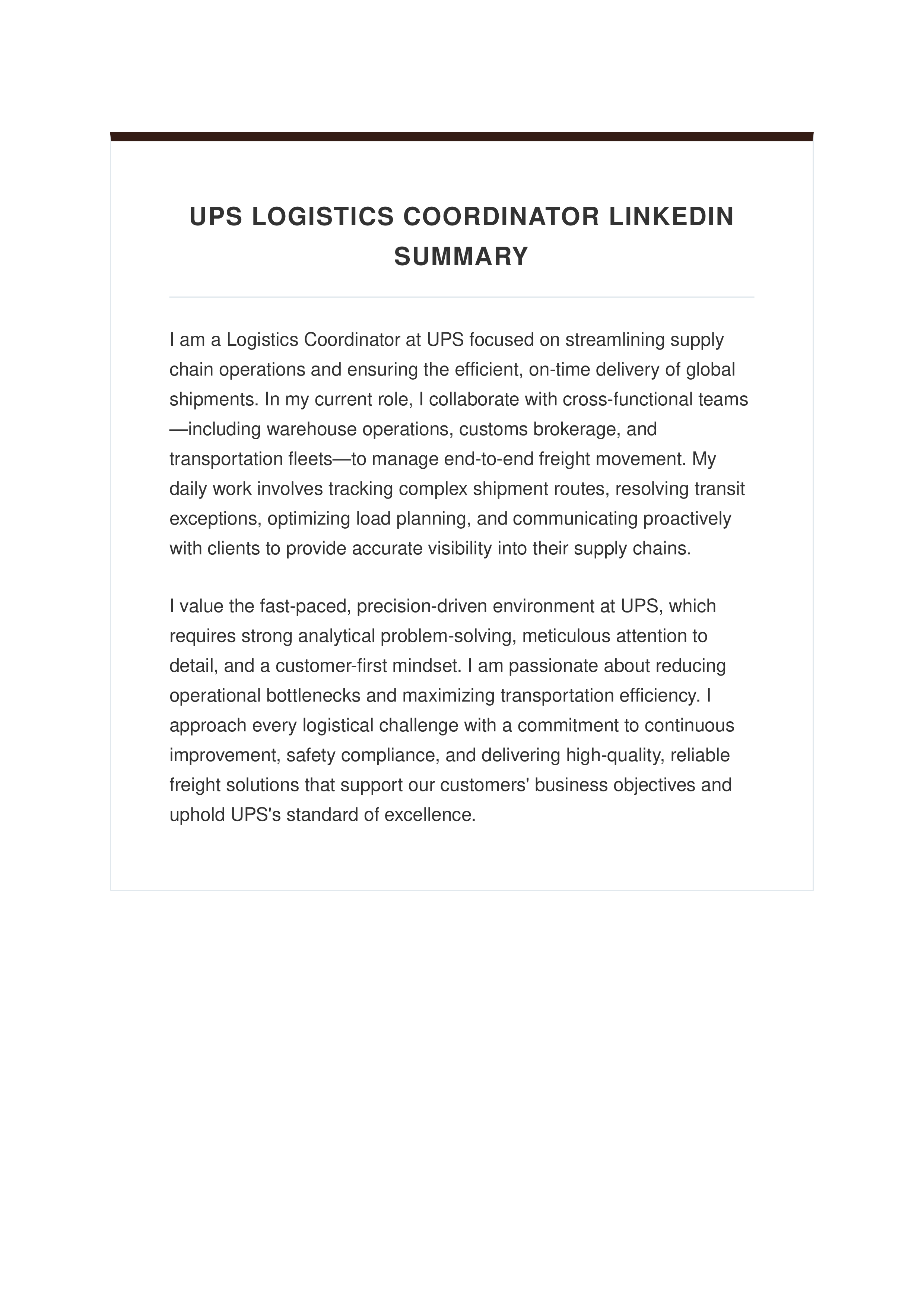 UPS Logistics Coordinator LinkedIn Summary — page 1