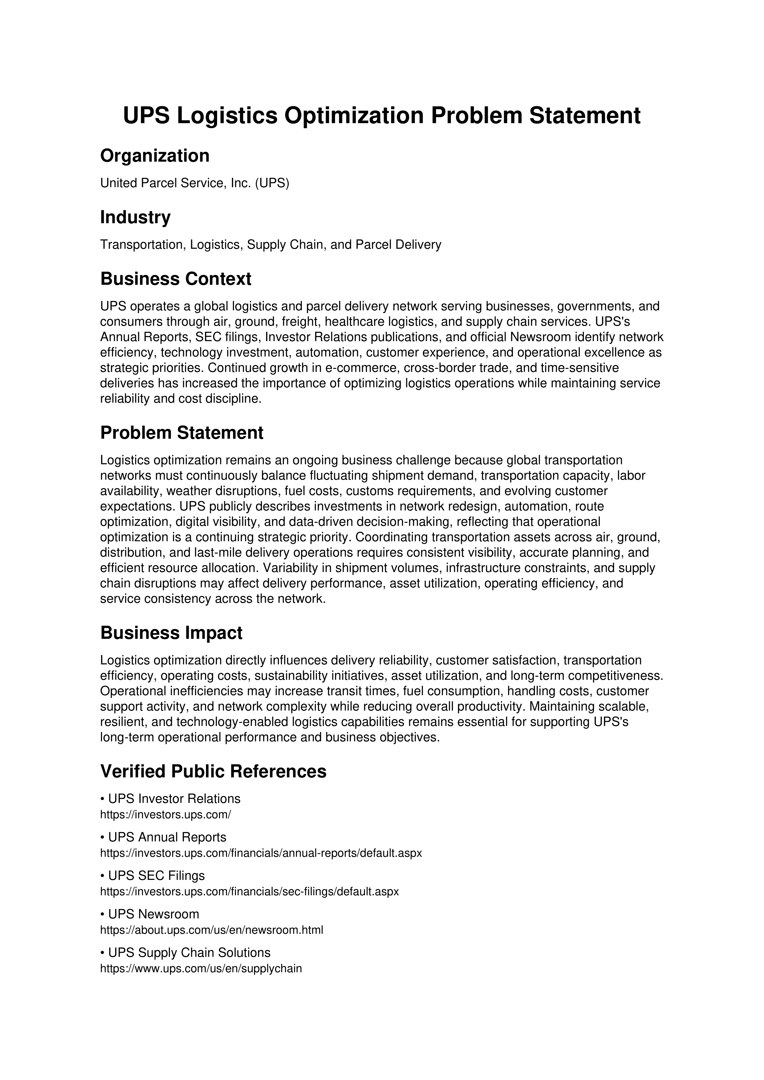 UPS Logistics Optimization Problem Statement — page 1