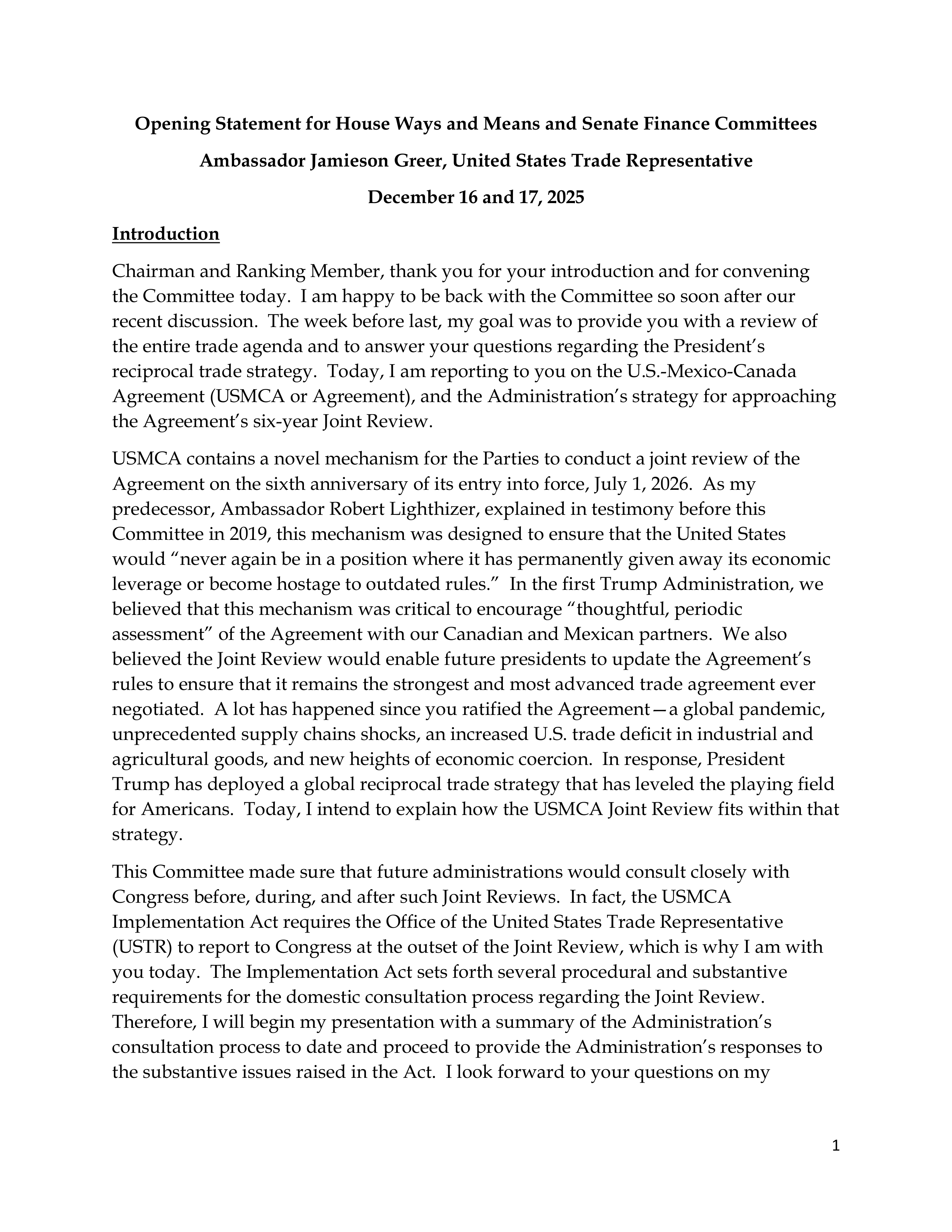 USMCA Congressional Opening Statement — page 1