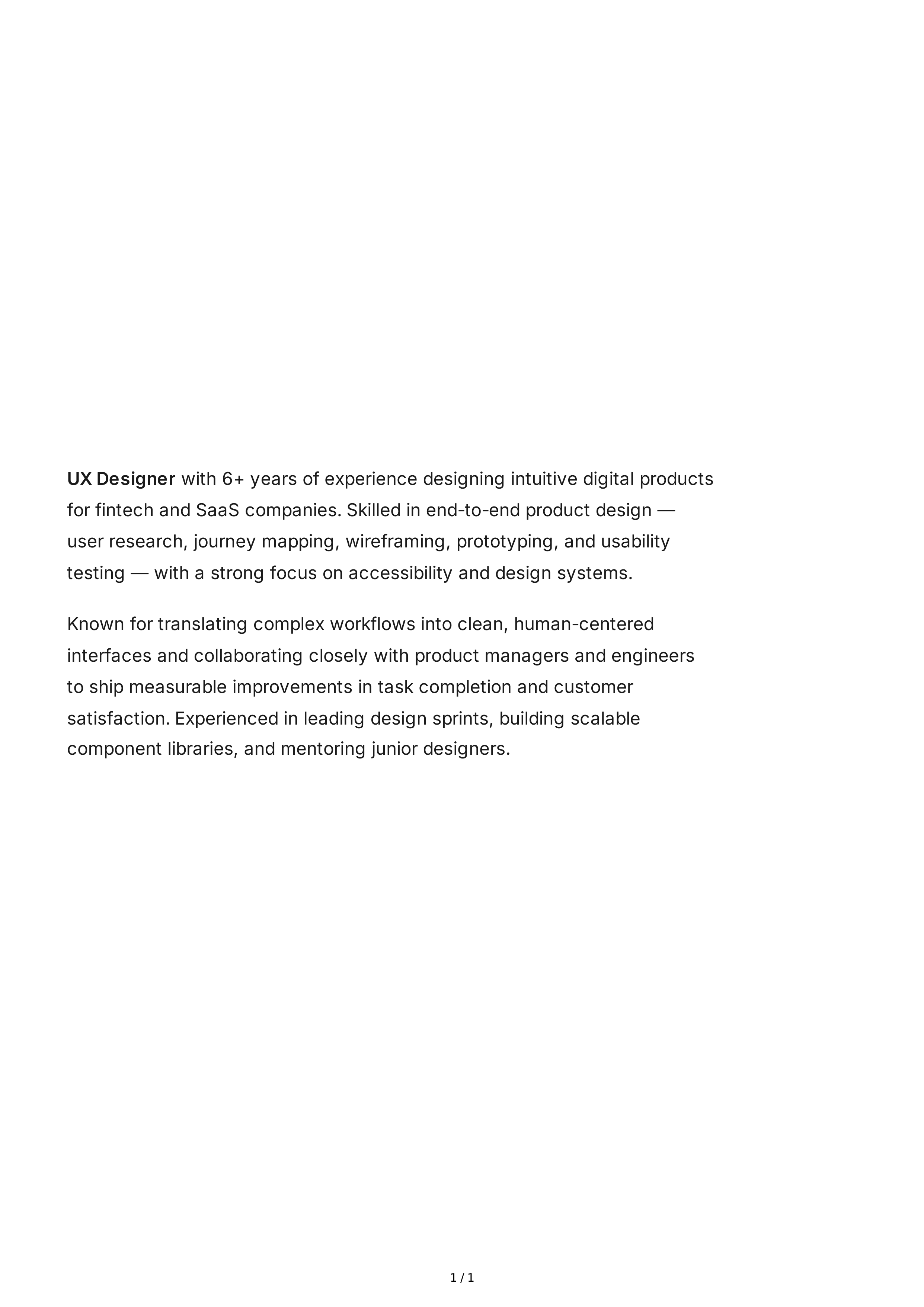 UX Designer Resume Summary — page 1