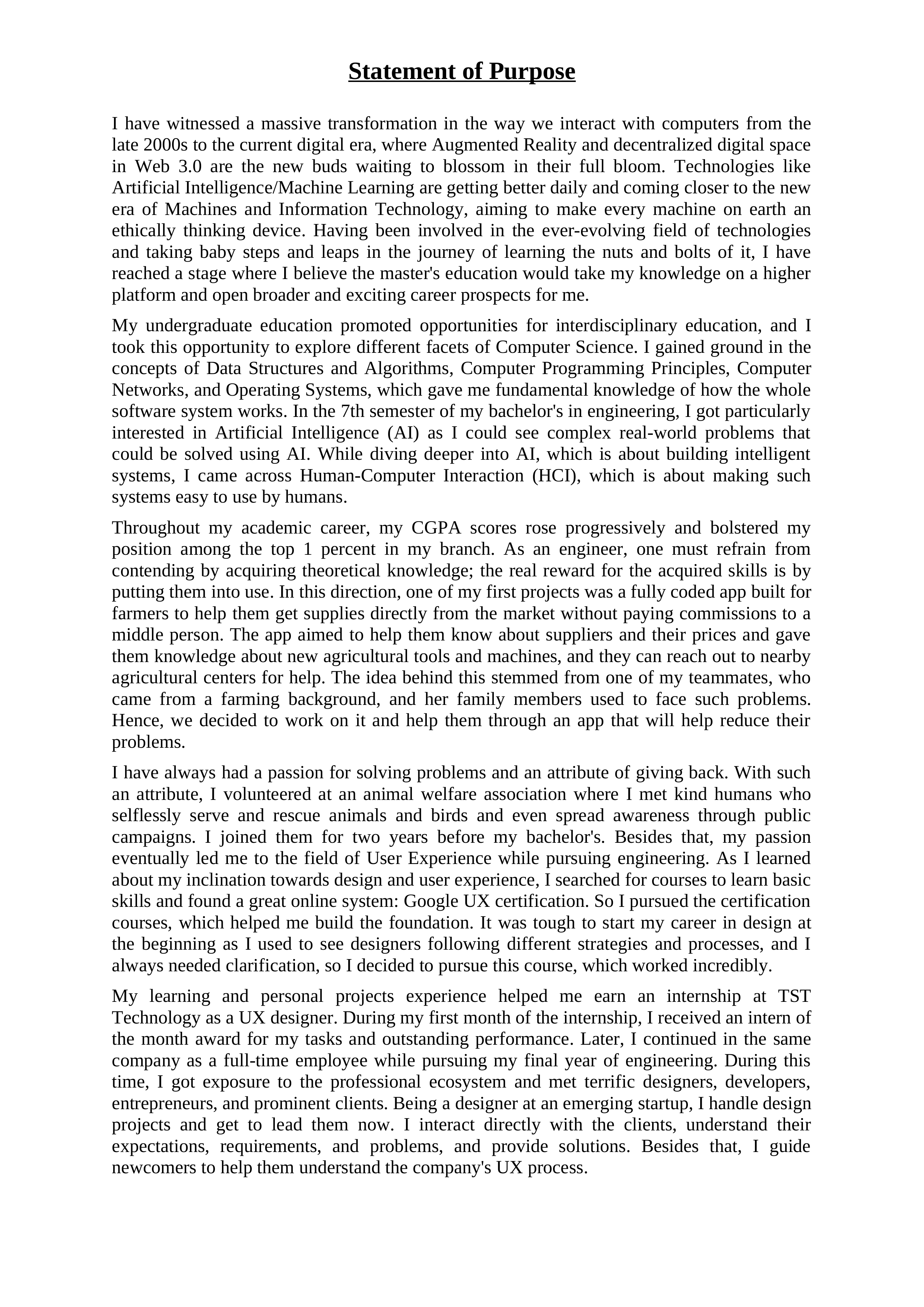 UX Designer Statement of Purpose — page 1
