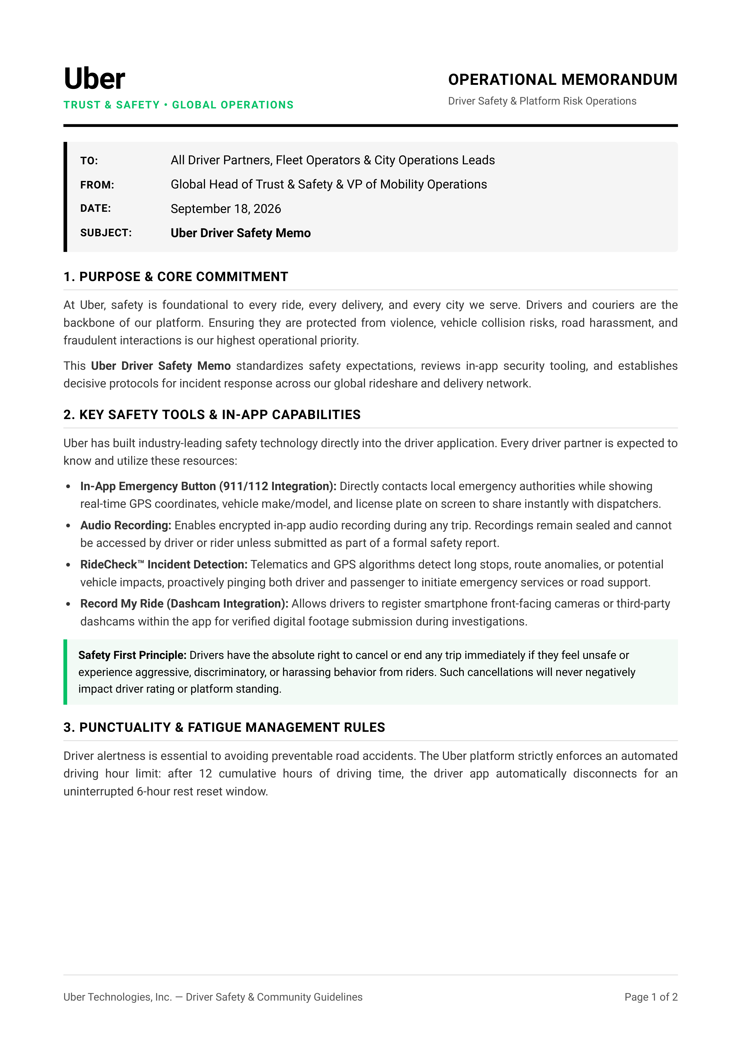 Uber Driver Safety Memo — page 1