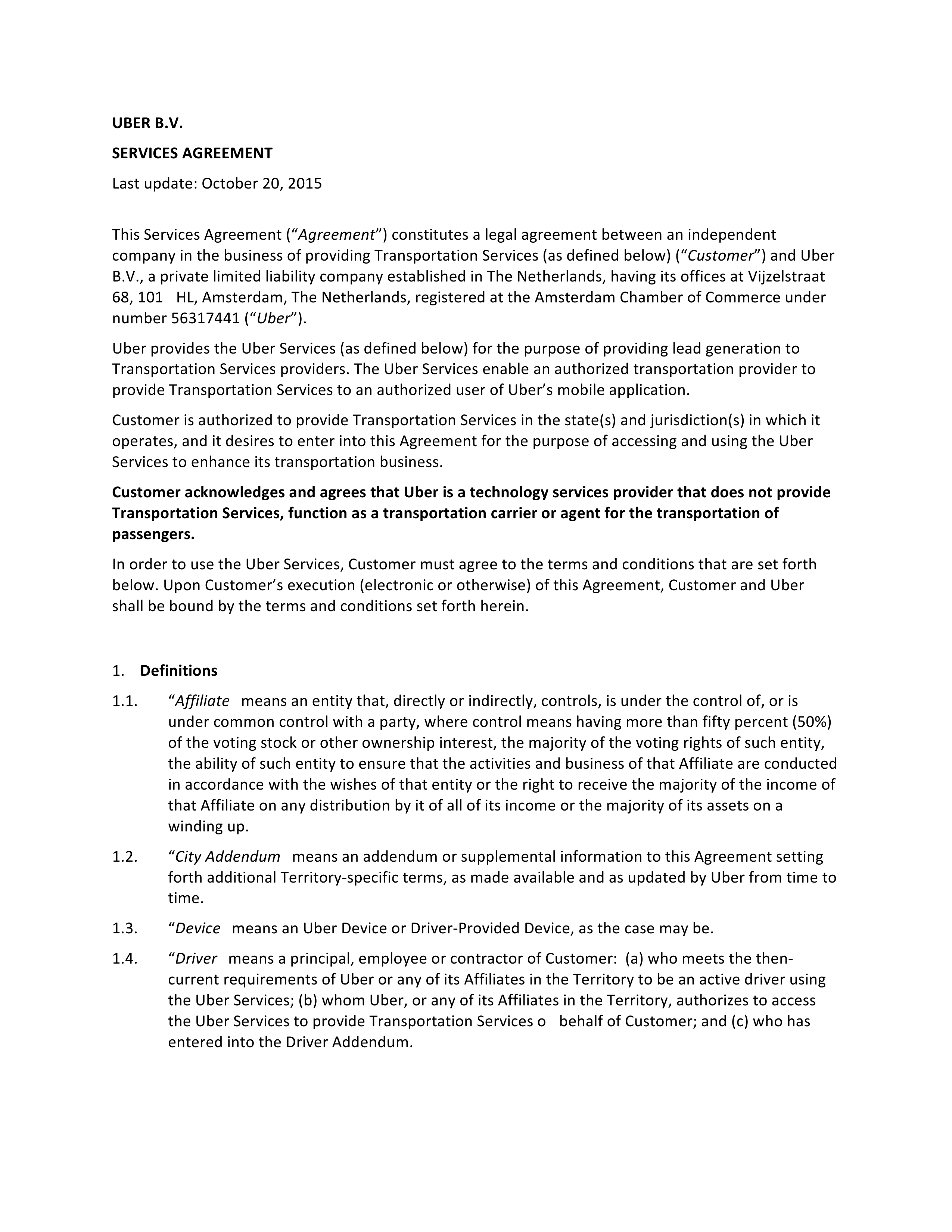 Uber Driver Services Agreement — page 1