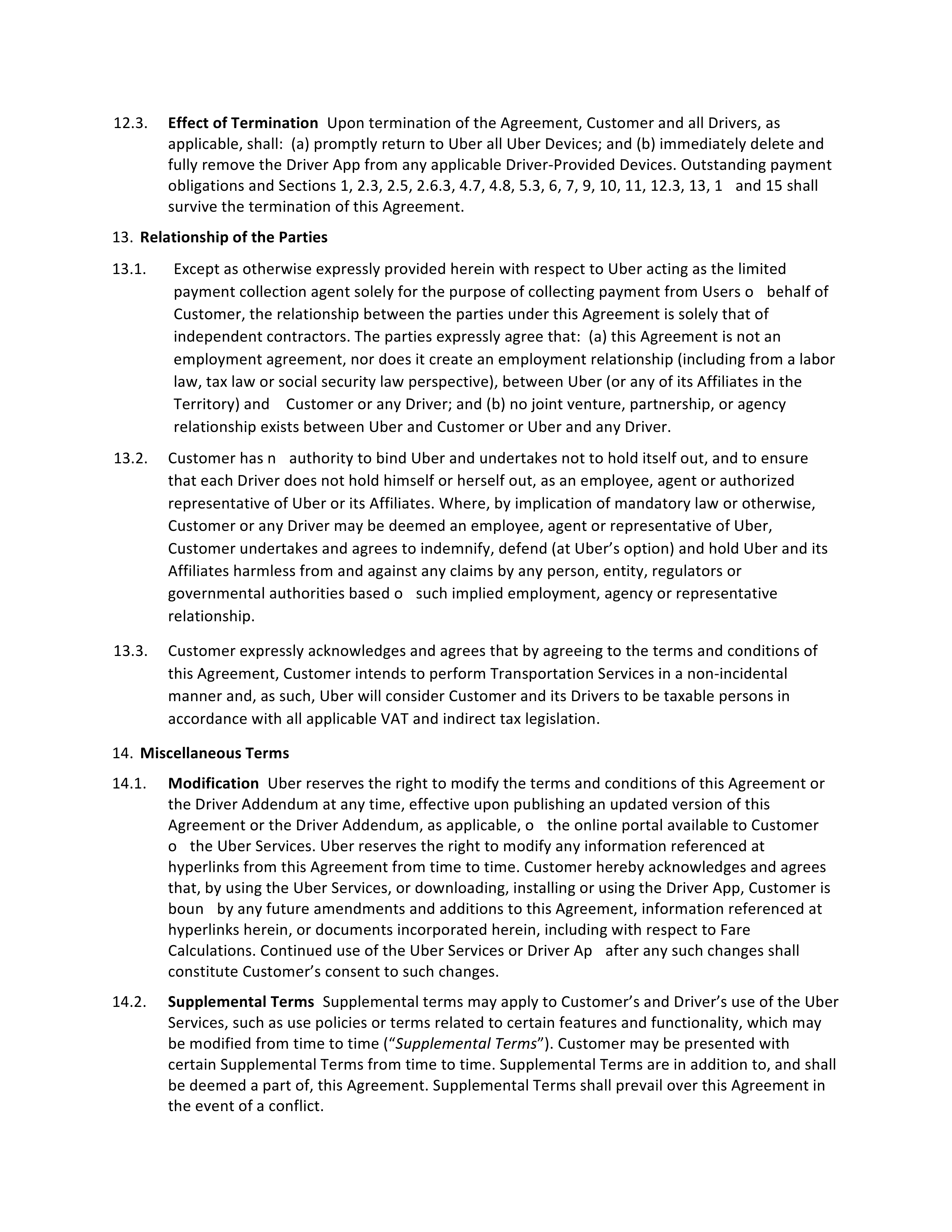 Uber Driver Services Agreement — page 14