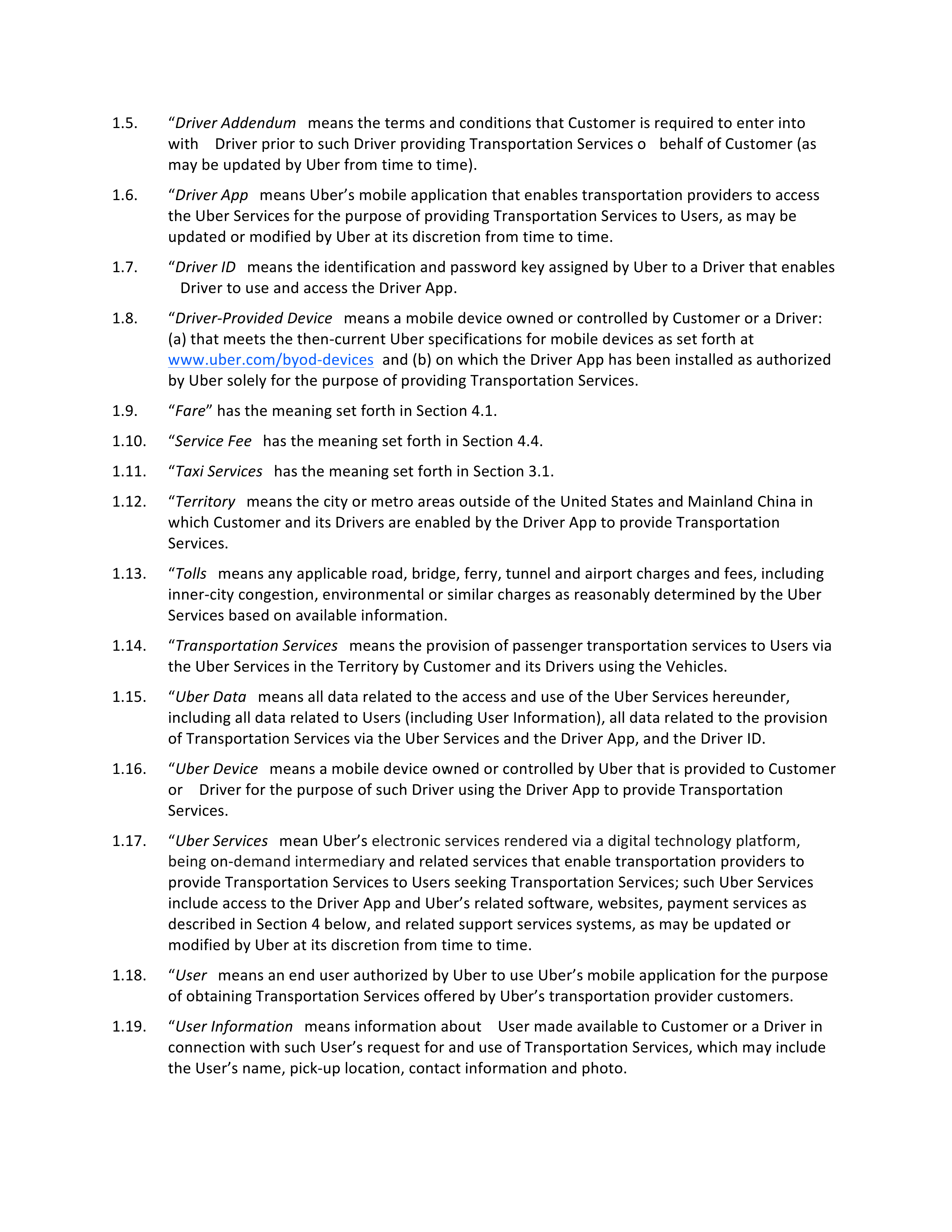 Uber Driver Services Agreement — page 2