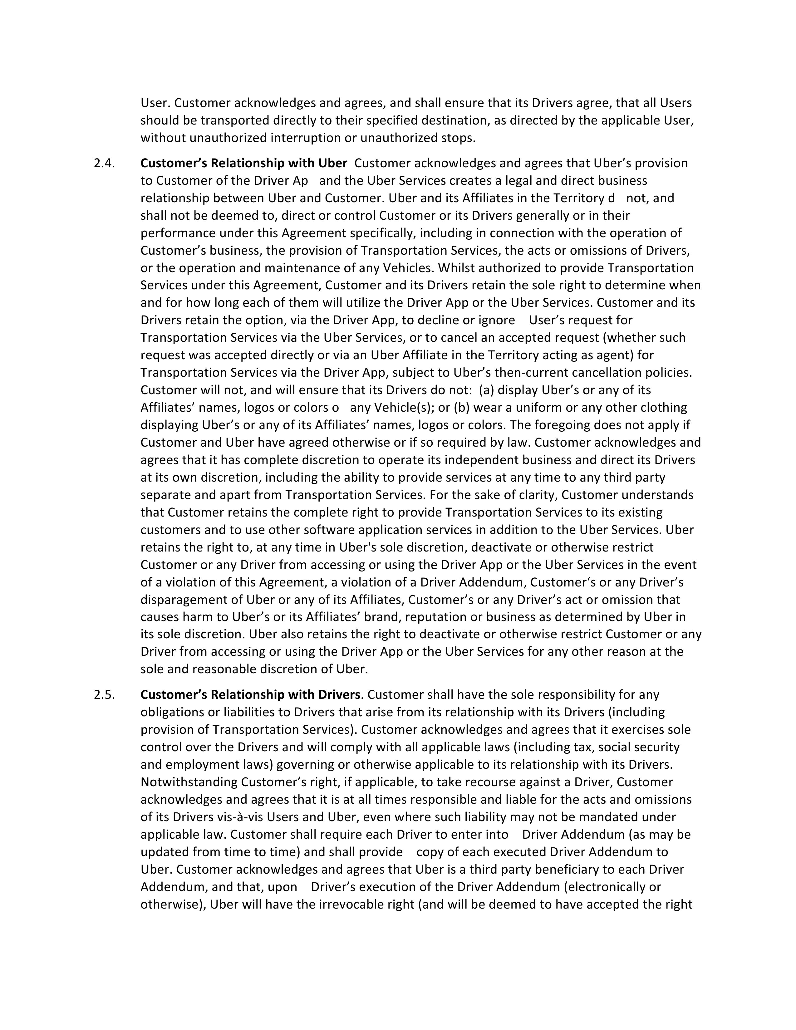 Uber Driver Services Agreement — page 4