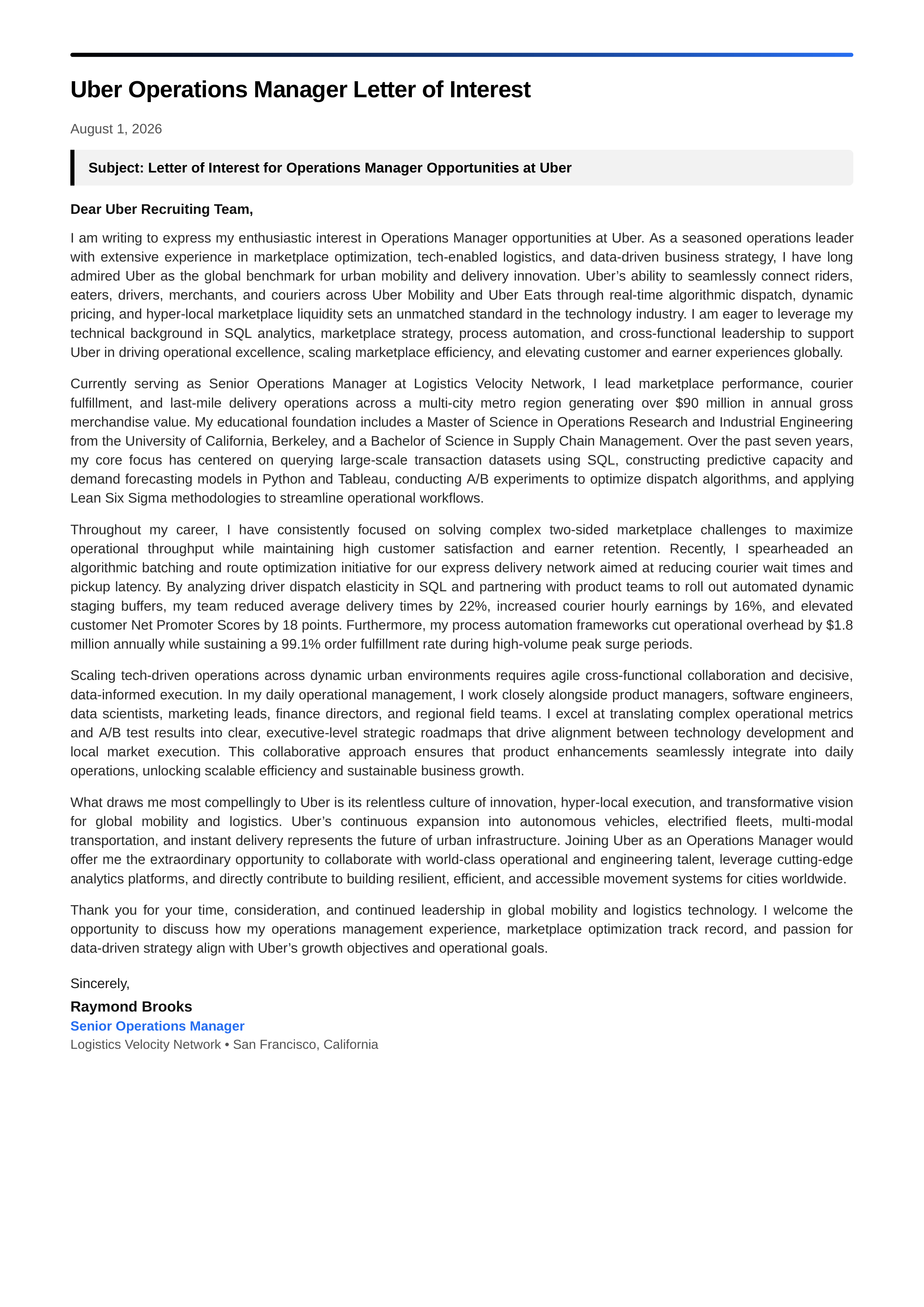 Uber Operations Manager Letter of Interest — page 1