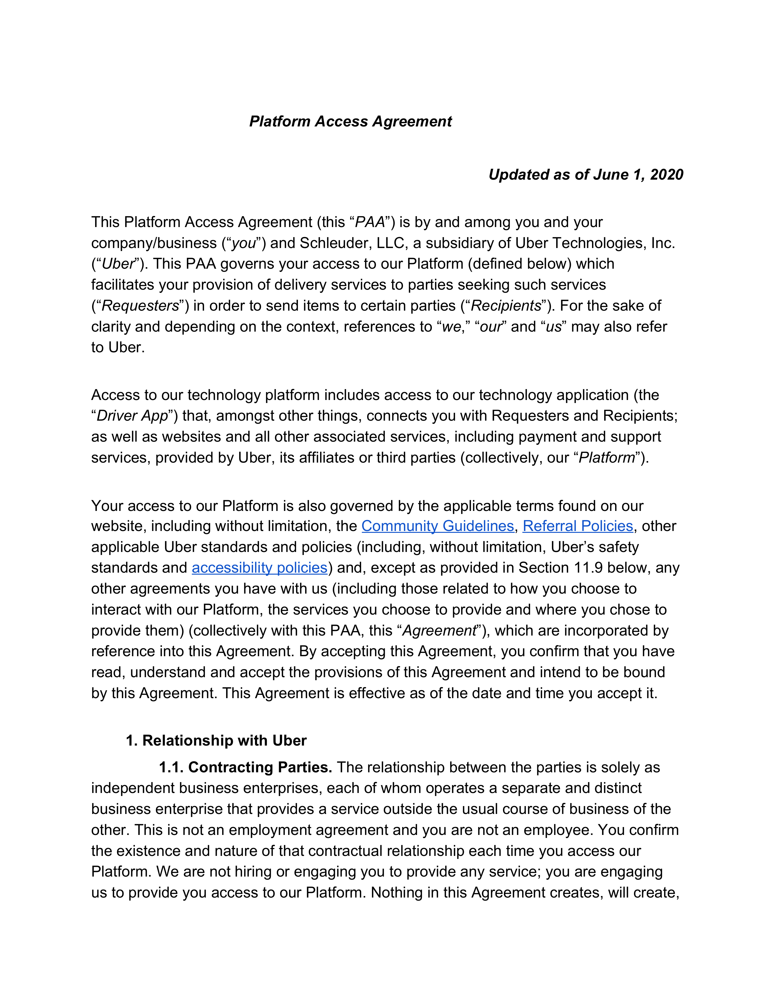 Uber Platform Access Agreement — page 1