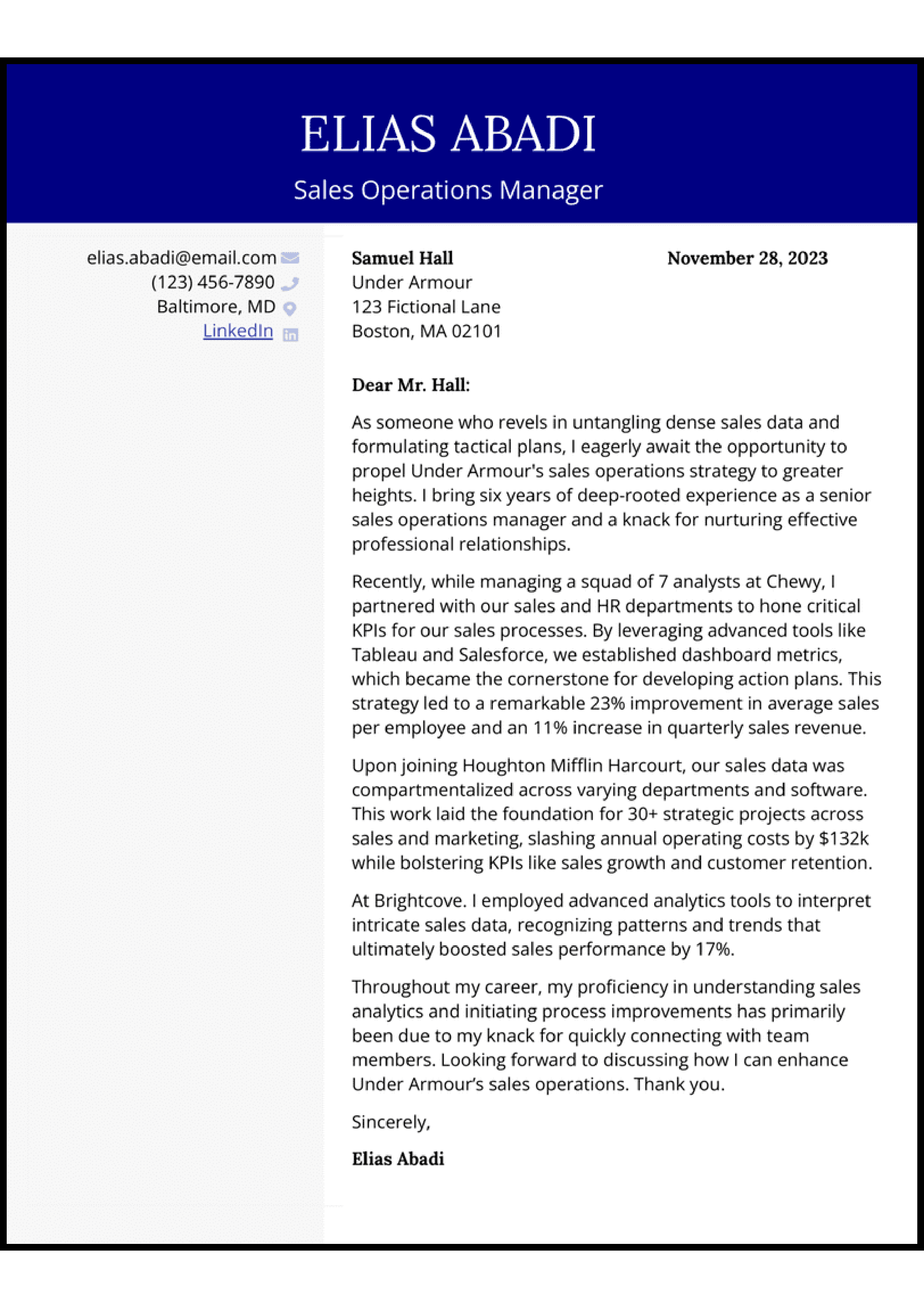 Under Armour Operations Manager Cover Letter — page 1