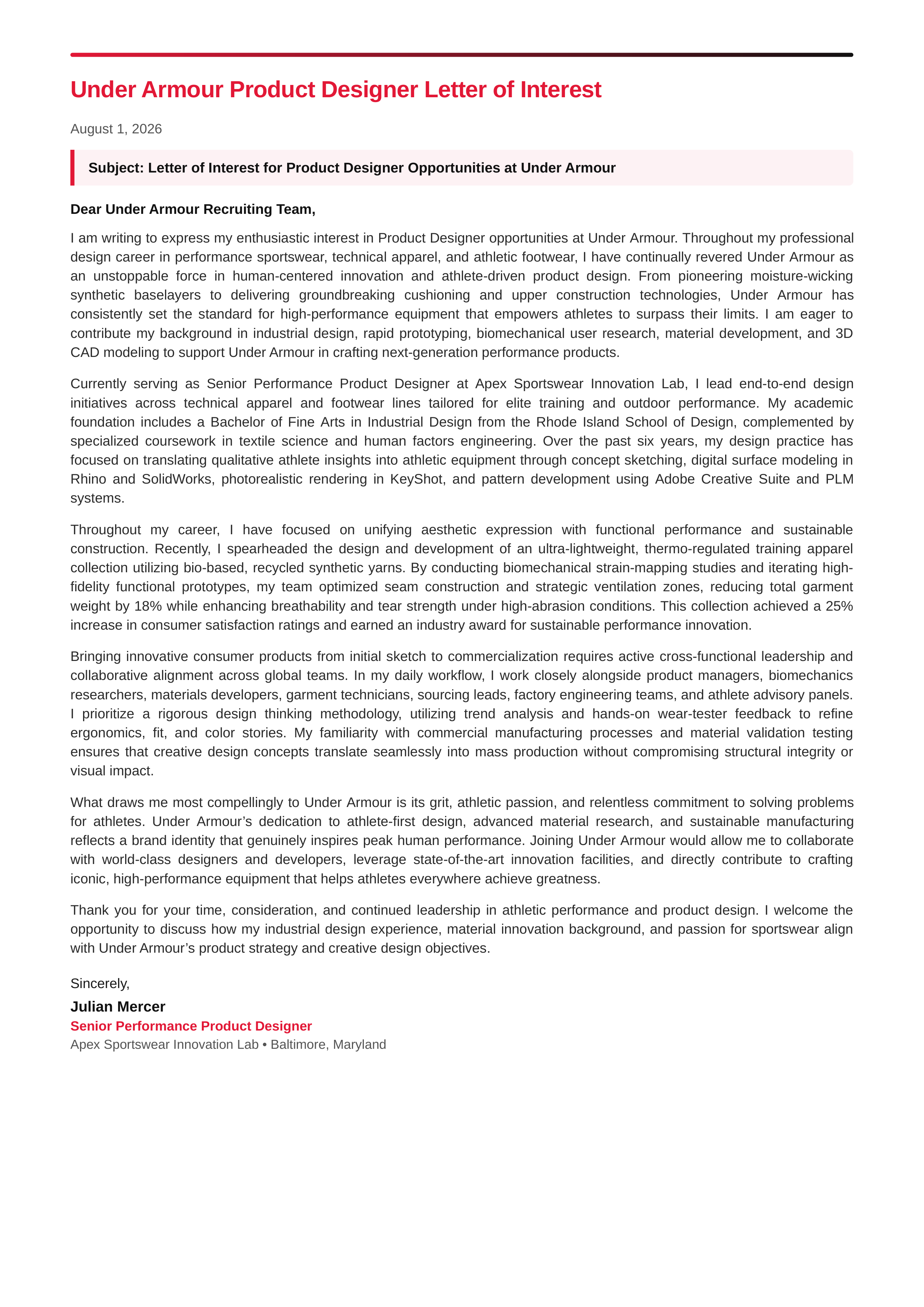 Under Armour Product Designer Letter of Interest Real World  — page 1