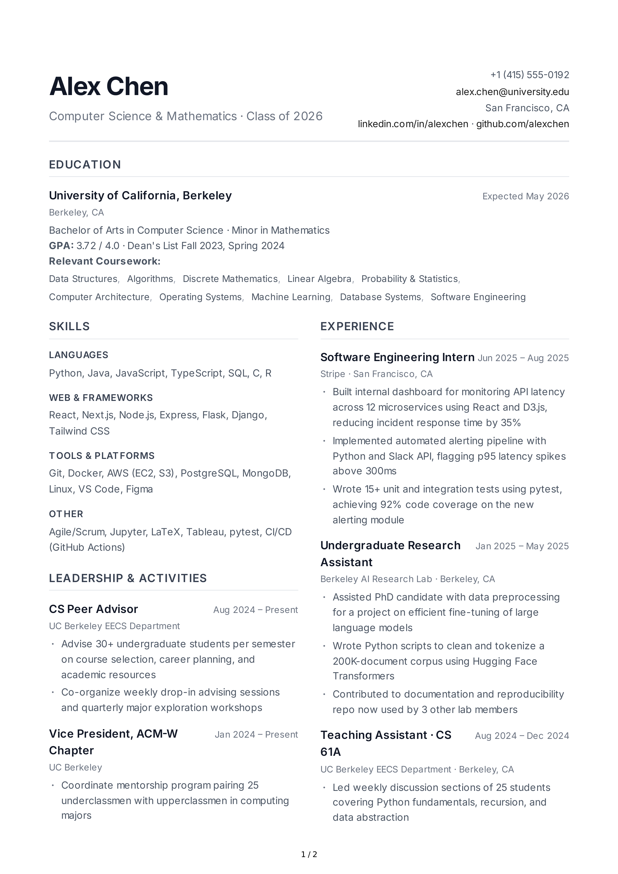 Undergraduate Student CV — page 1