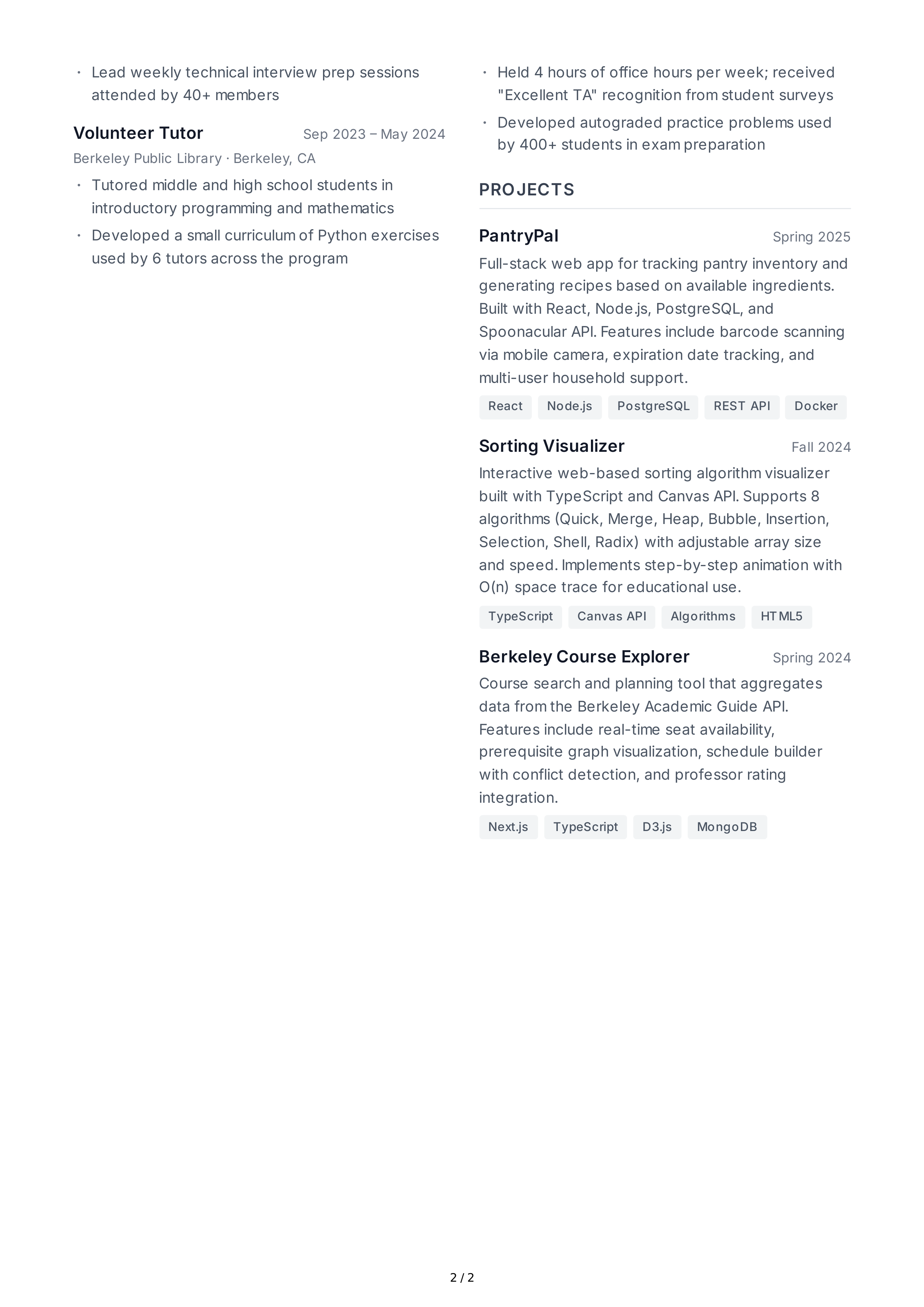 Undergraduate Student CV — page 2