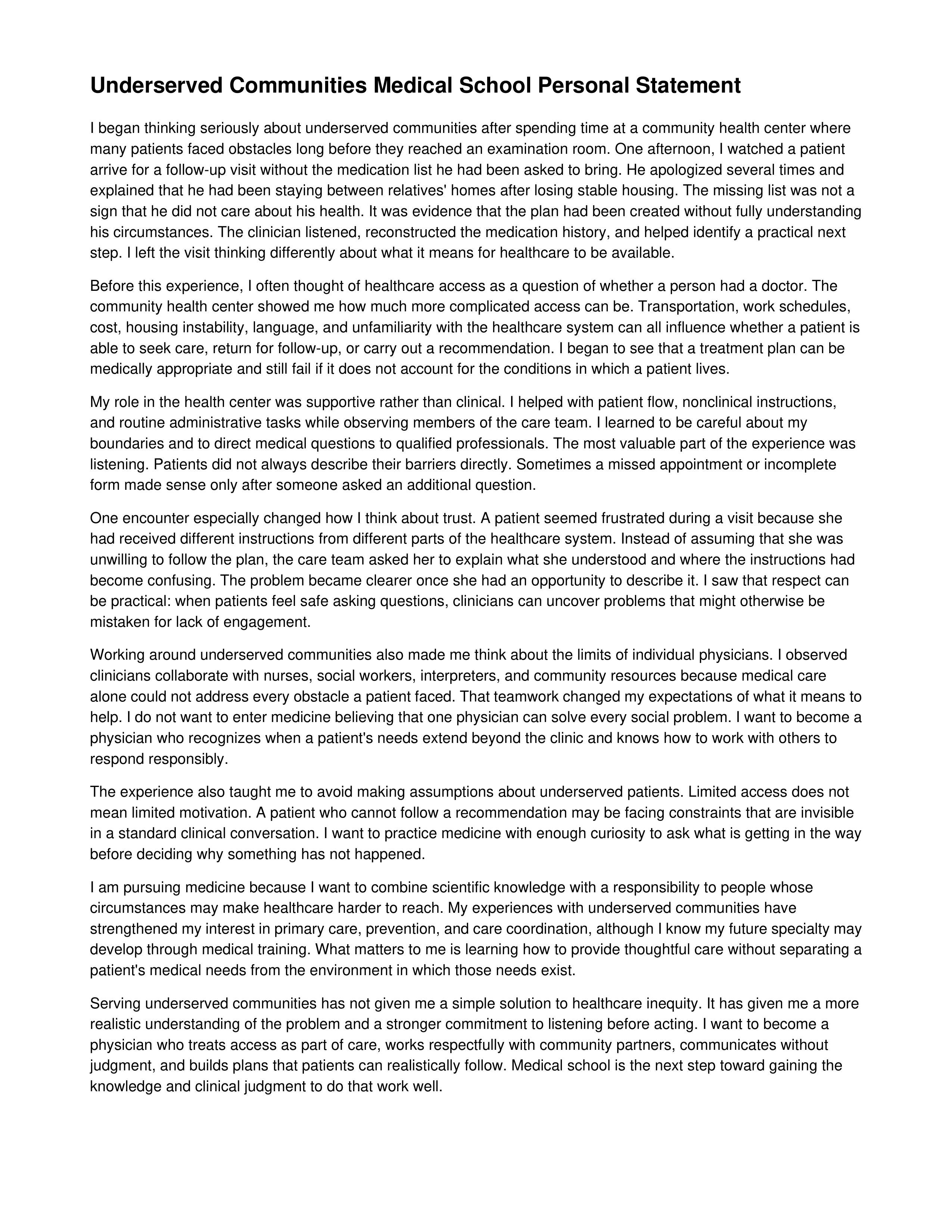Underserved Communities Medical School Personal Statement — page 1