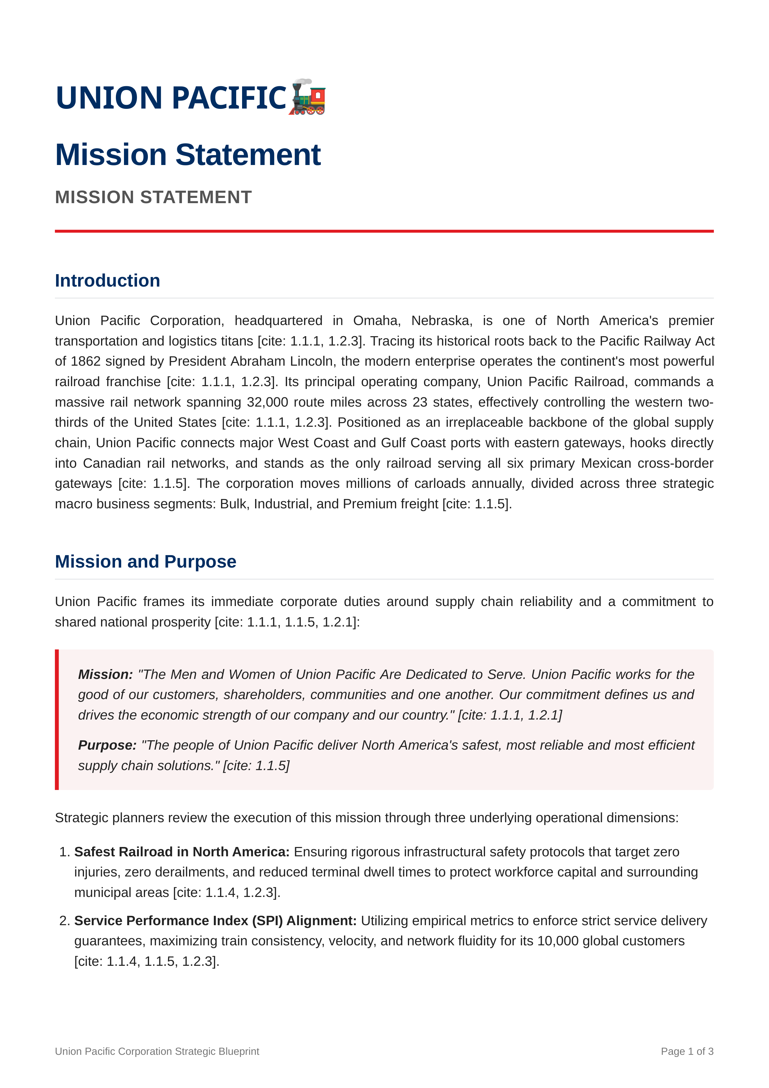 Union Pacific Mission Statement — page 1