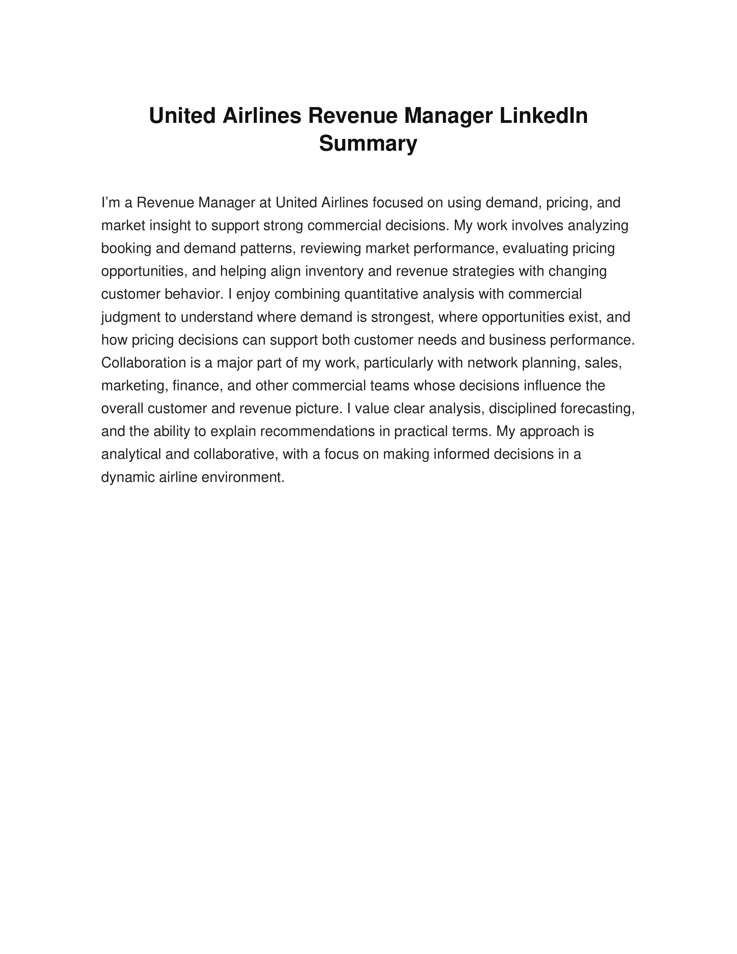 United Airlines Revenue Manager LinkedIn Summary — page 1