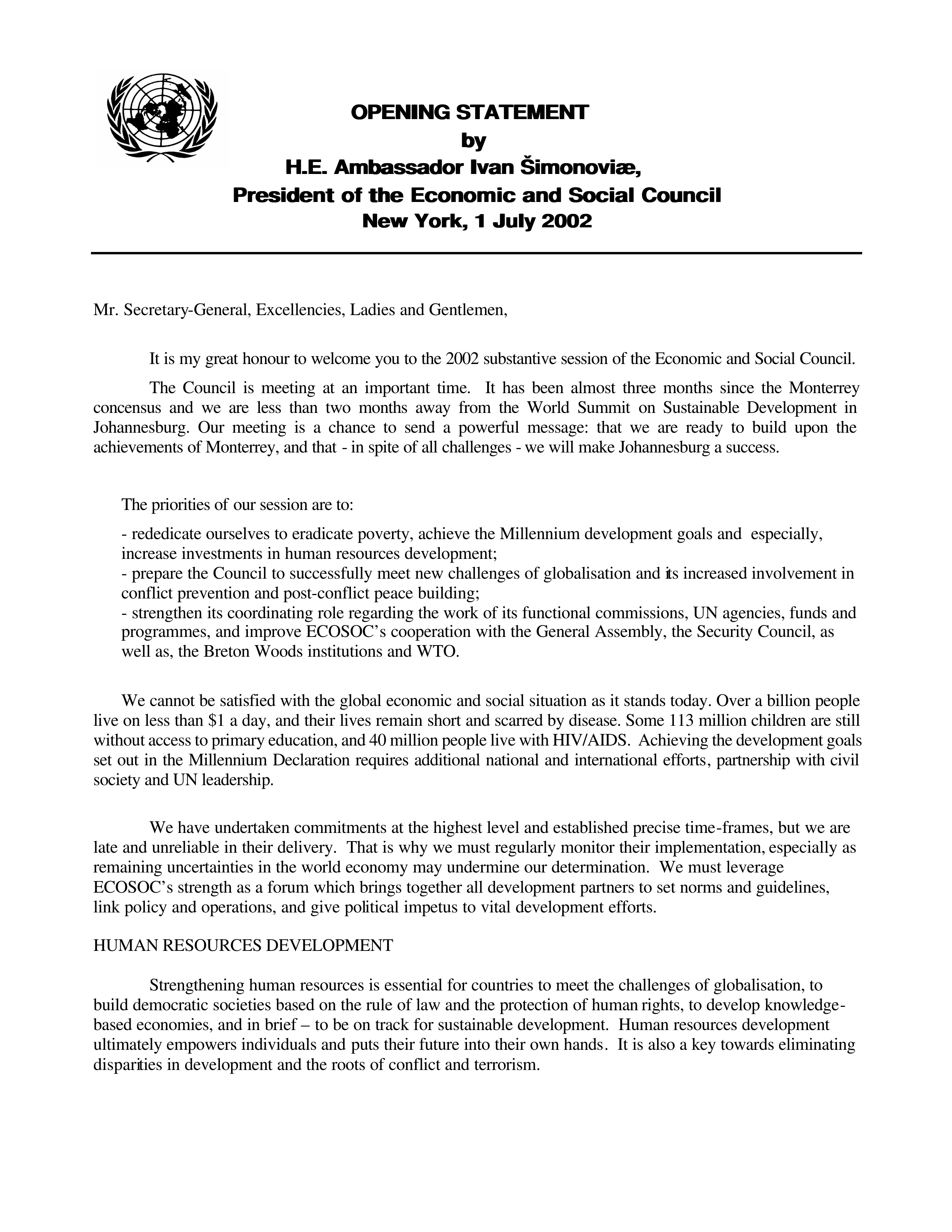 United Nations ECOSOC Opening Statement — page 1