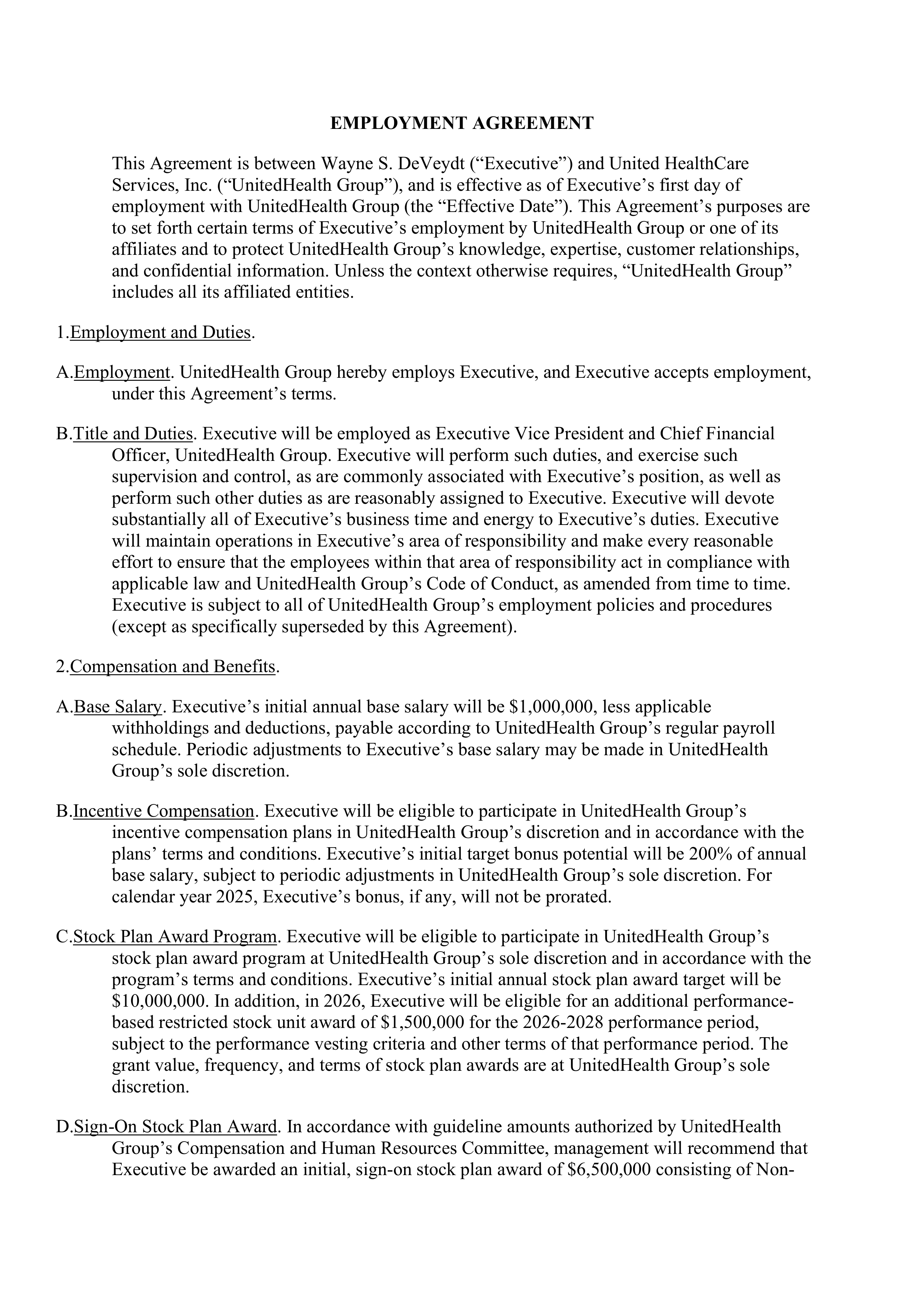 UnitedHealth Employment Agreement — page 1