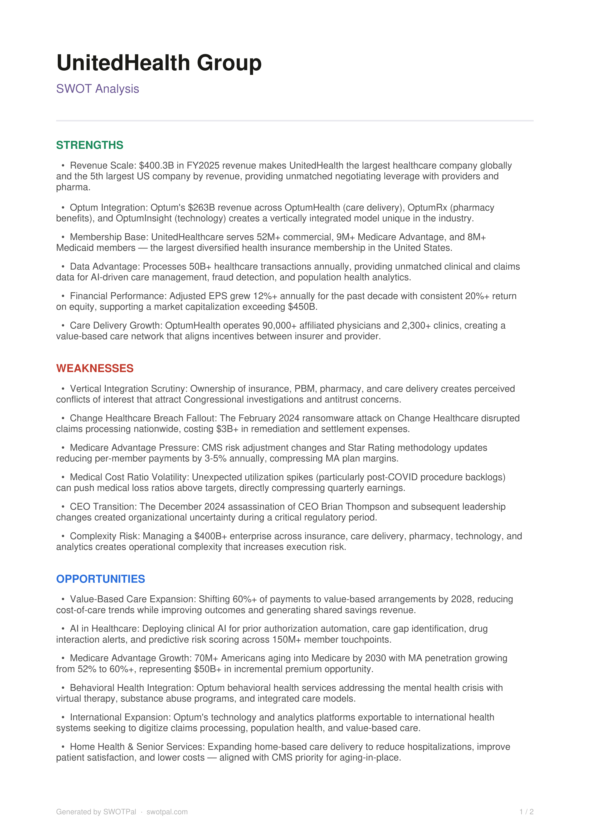 UnitedHealth Group Swot Analysis  — page 1