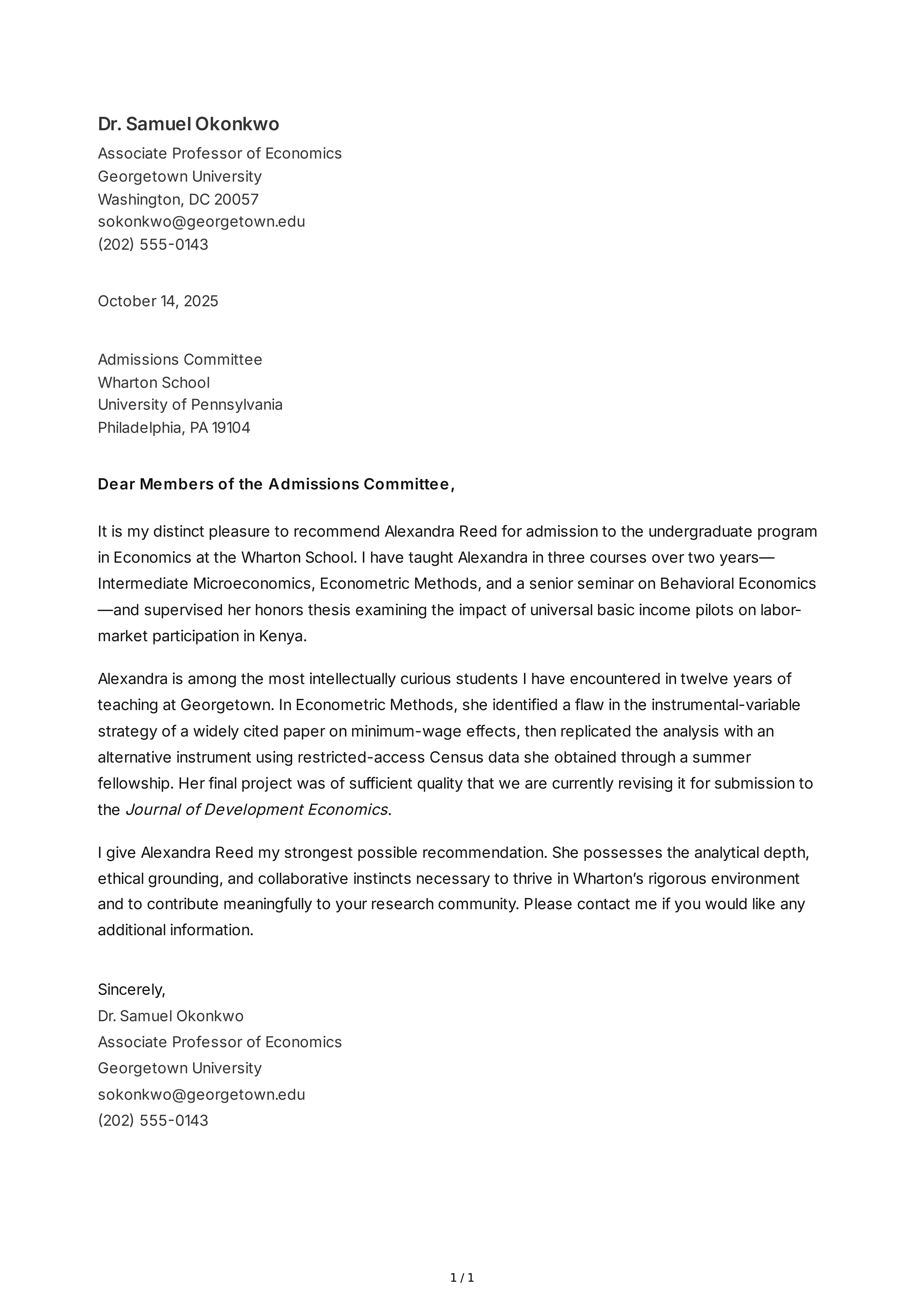 University Admission Reference Letter — page 1