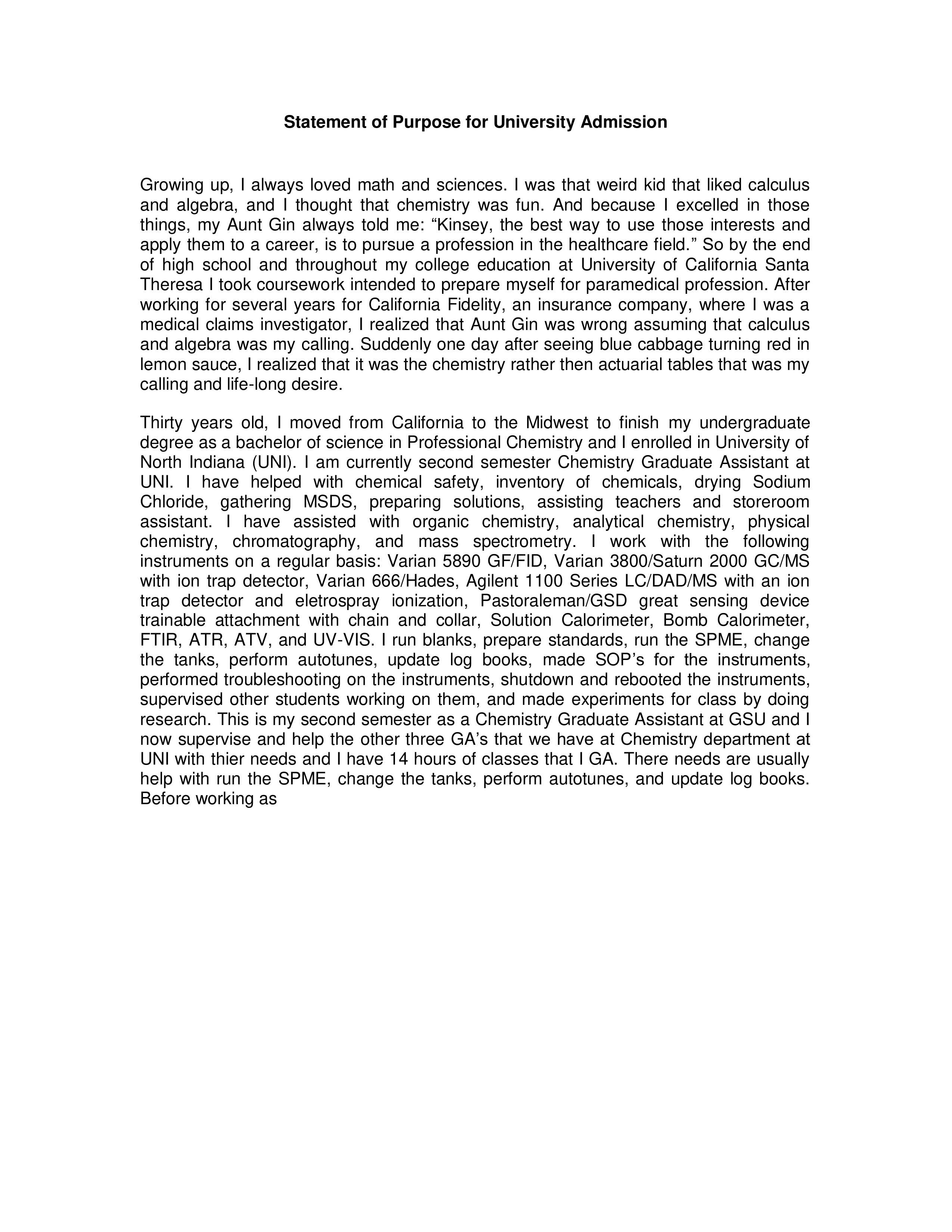 University Admission statement of Purpose — page 1