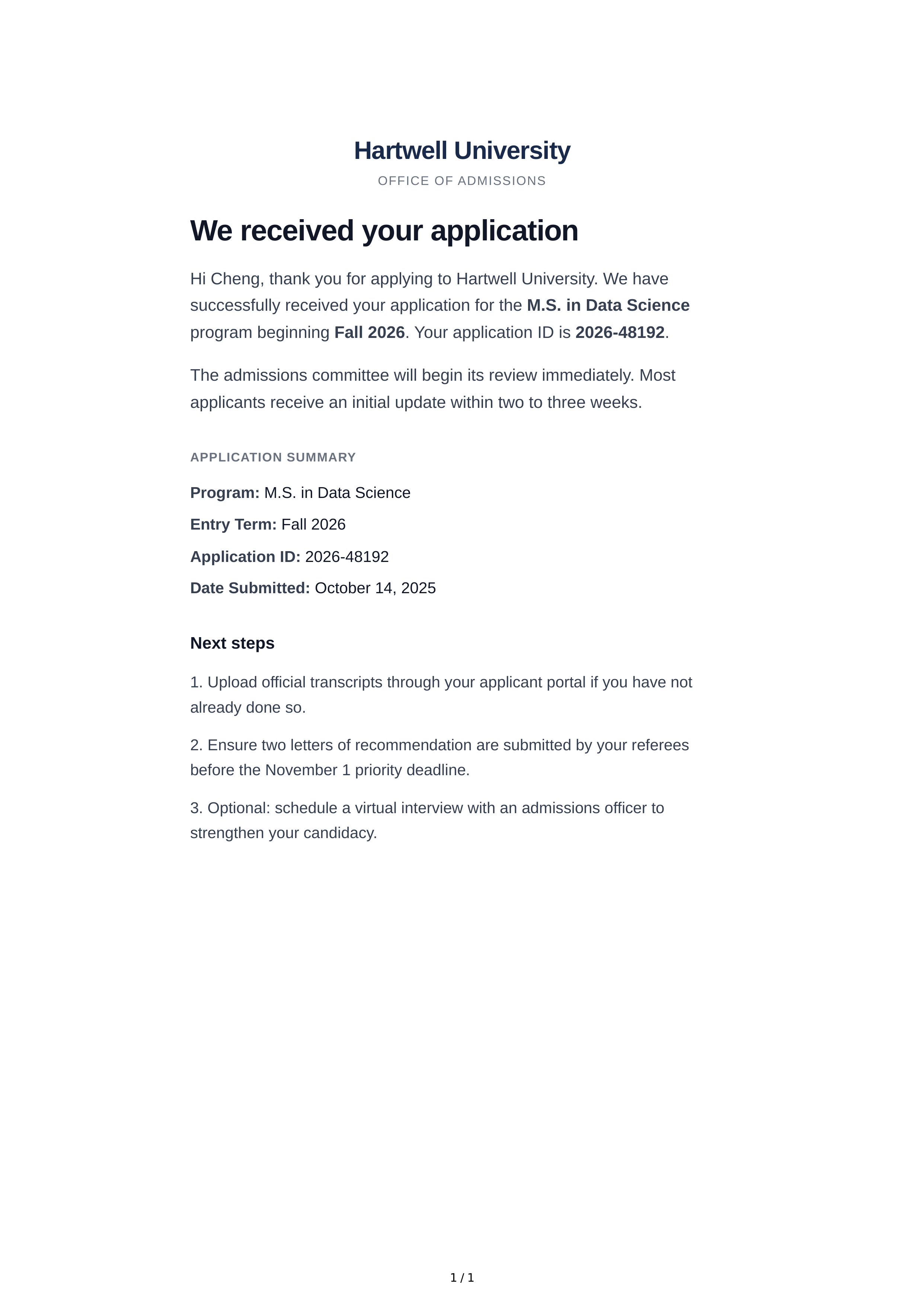 University Application Email — page 1