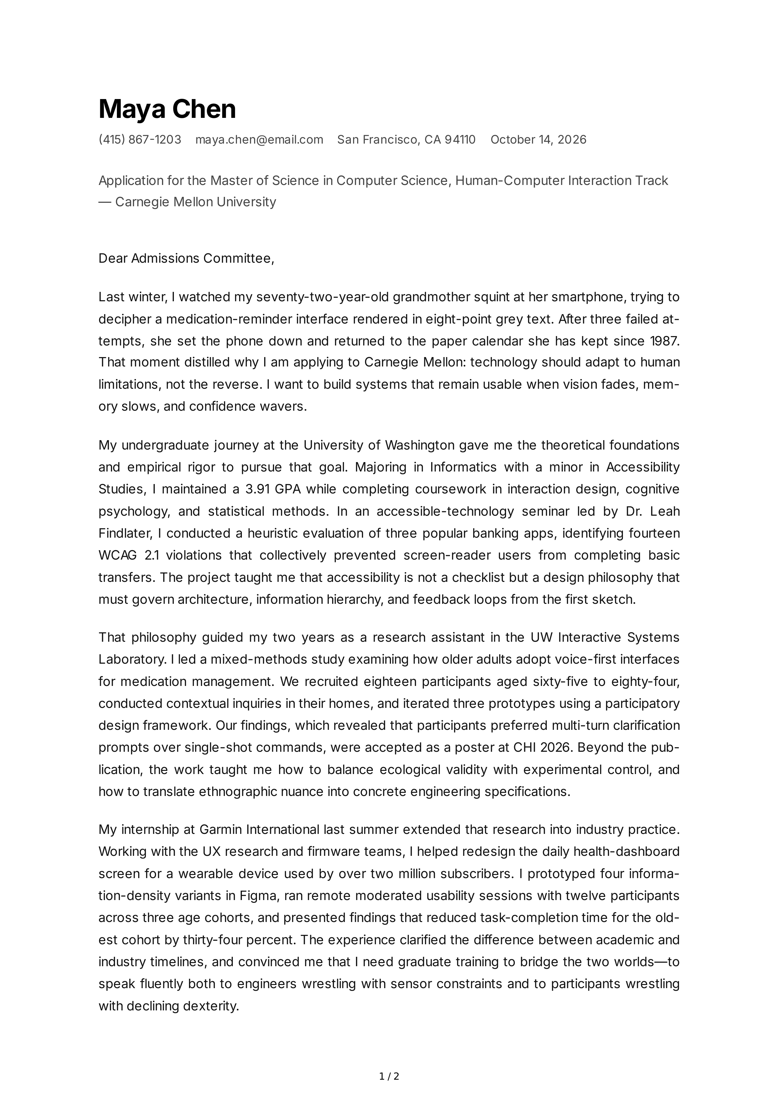 University Personal Statement — page 1