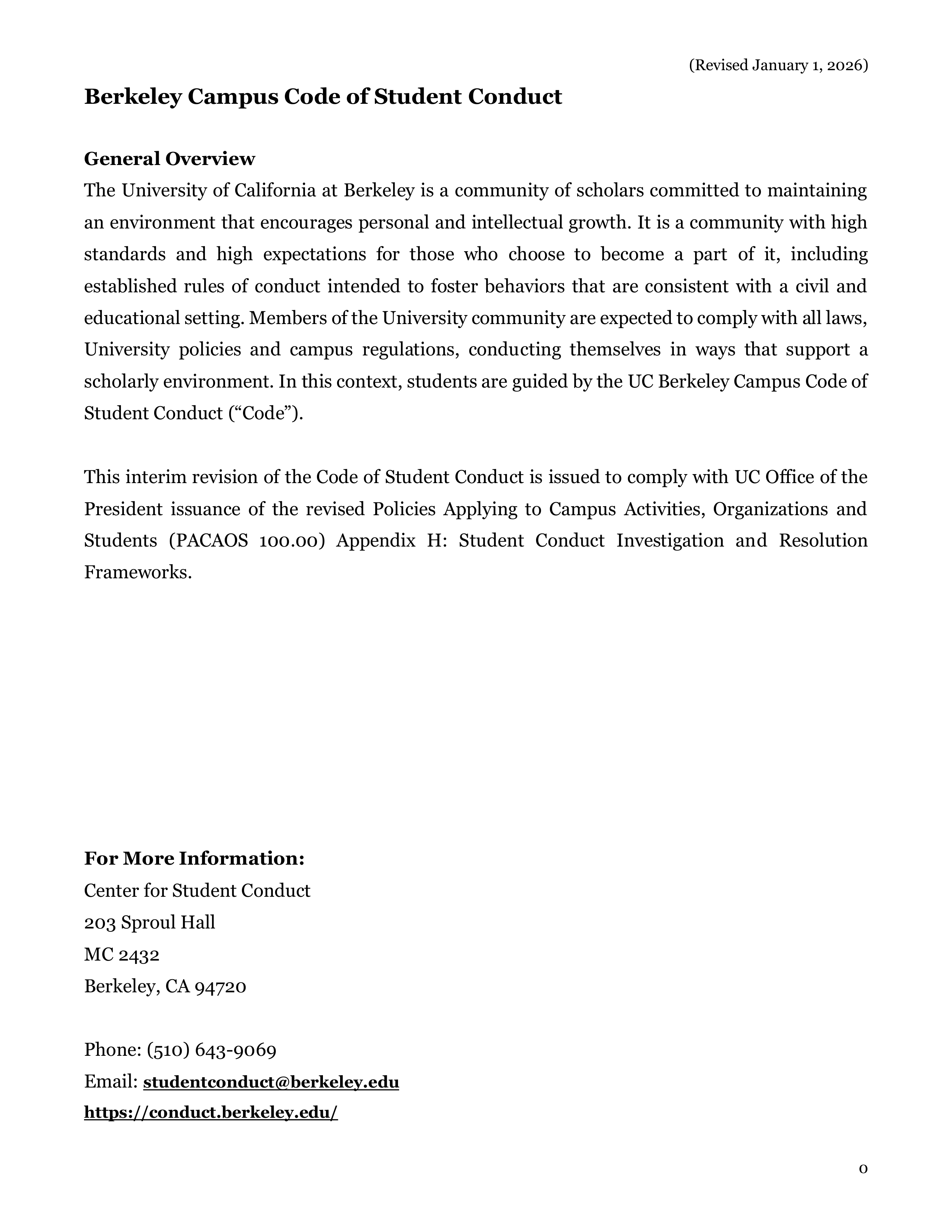 University of California Berkeley Code of Student Conduct Handbook — page 1
