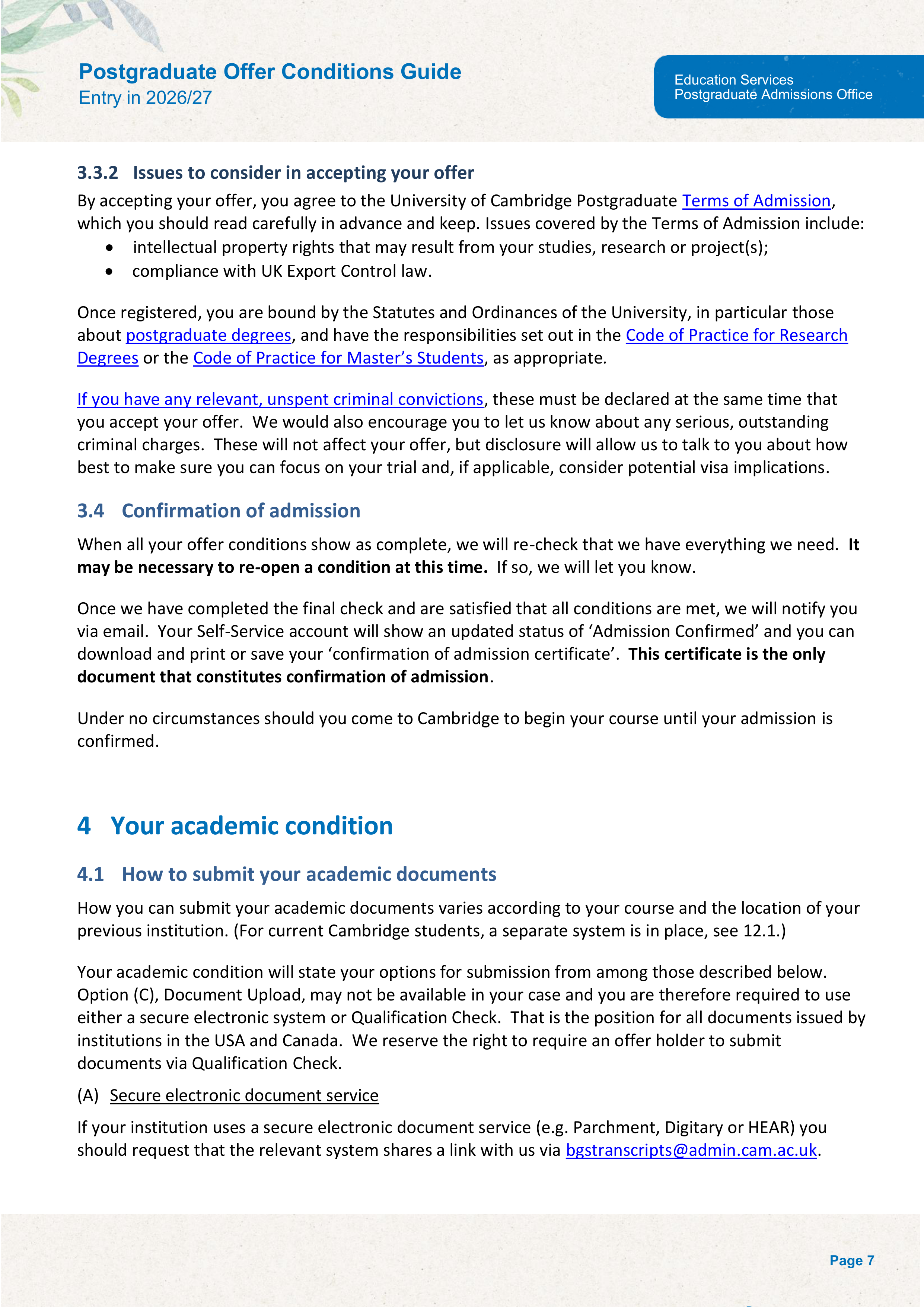 University of Cambridge Postgraduate Offer Conditions Guide — page 11