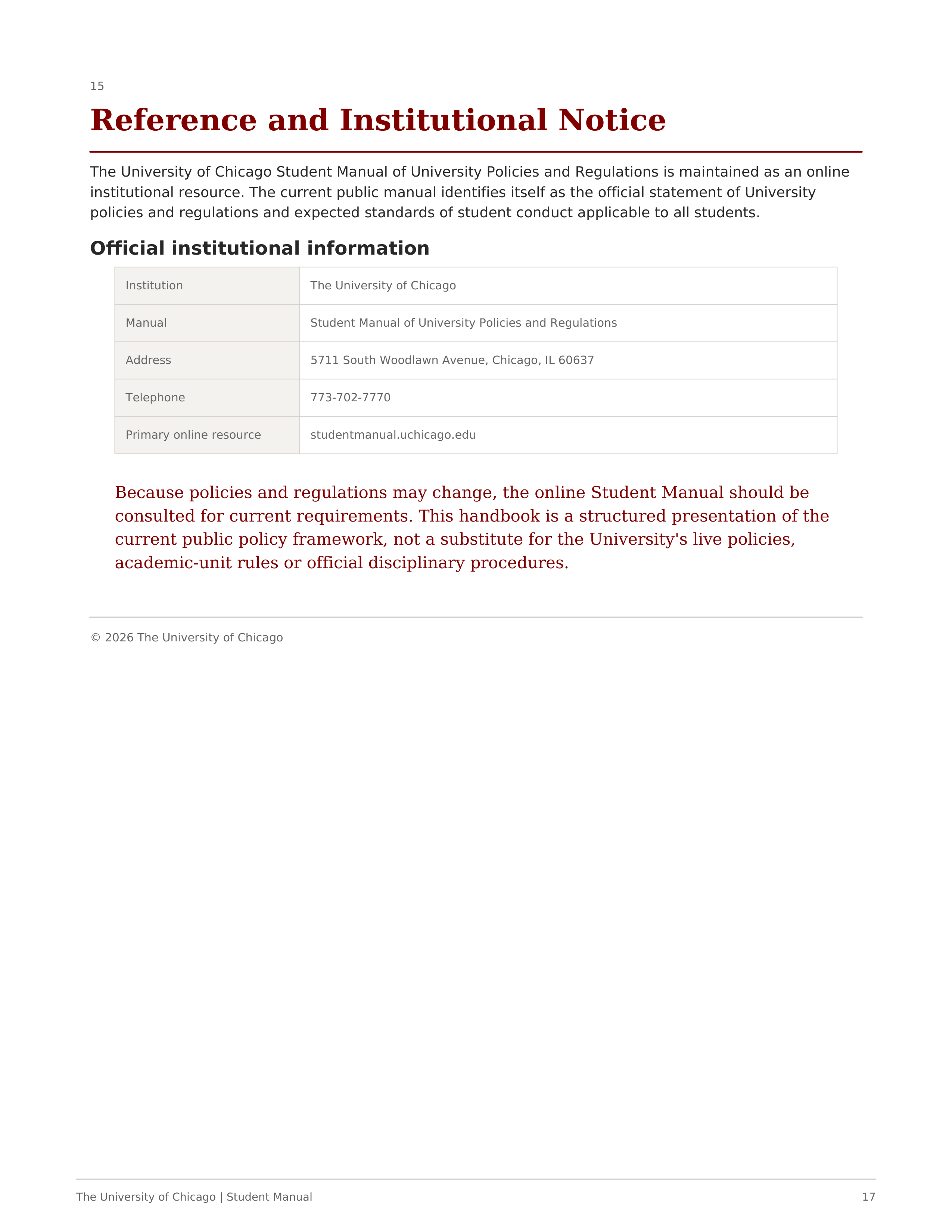University of Chicago Student Manual of University Policies and Regulations Handbook — page 17