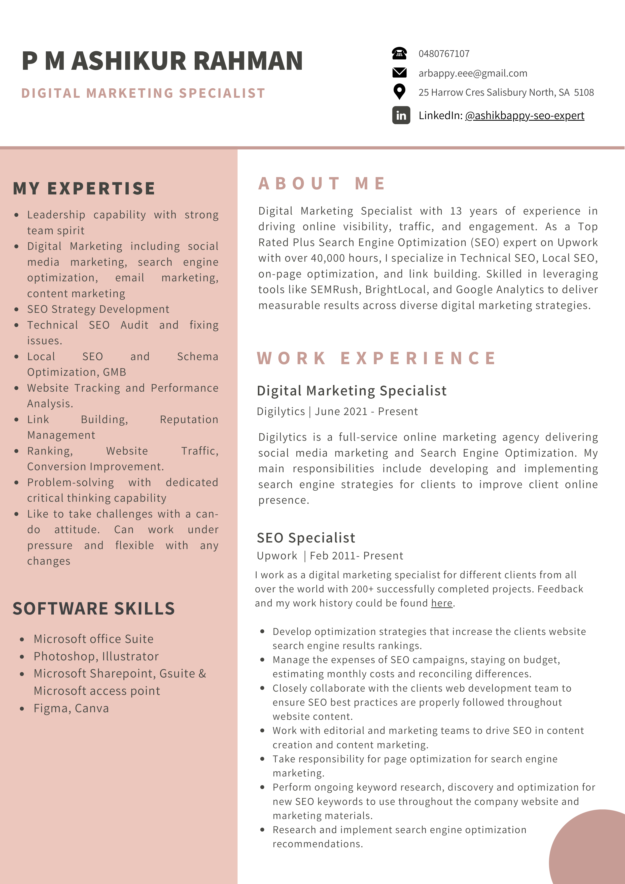Upwork SEO Specialist Resume — page 1