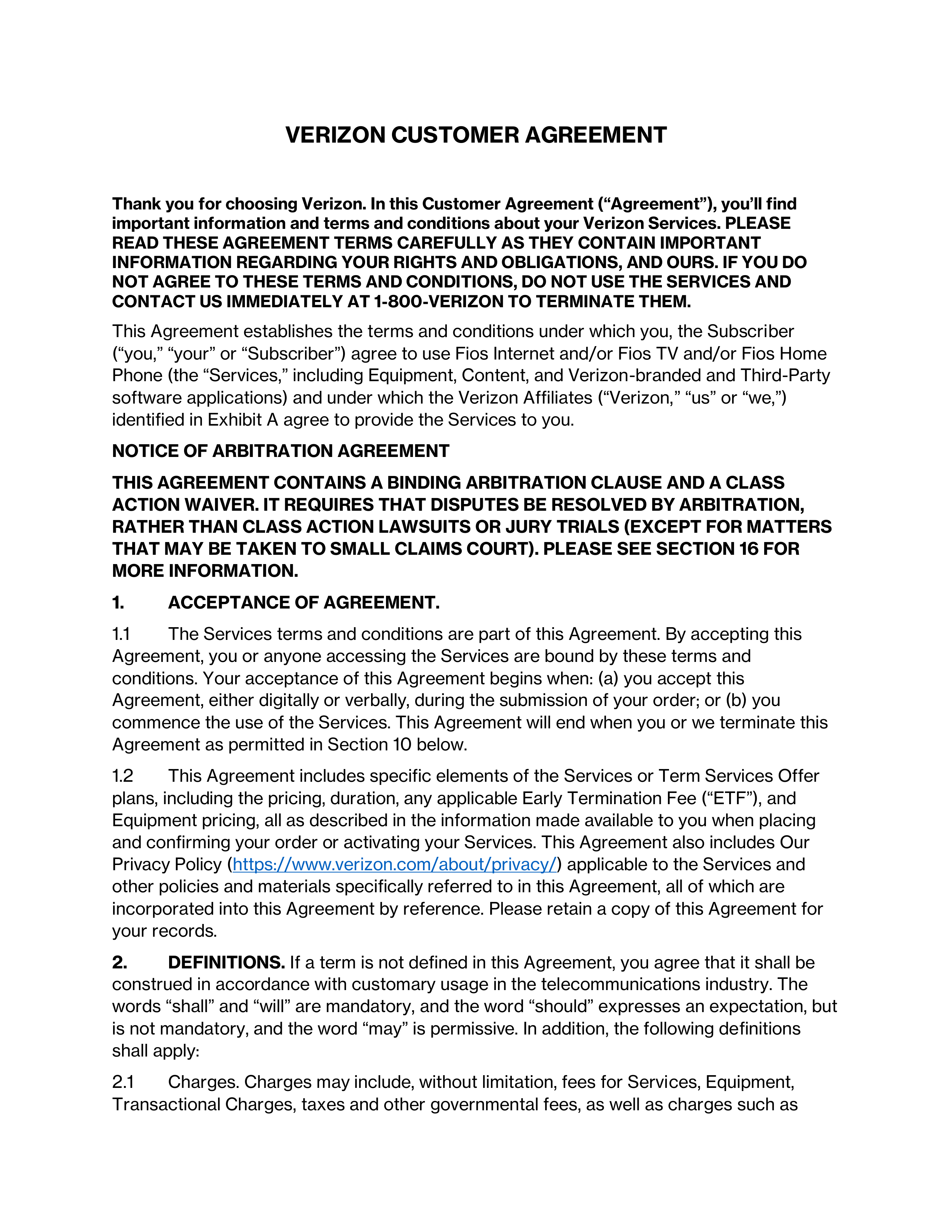 VERIZON CUSTOMER AGREEMENT — page 1