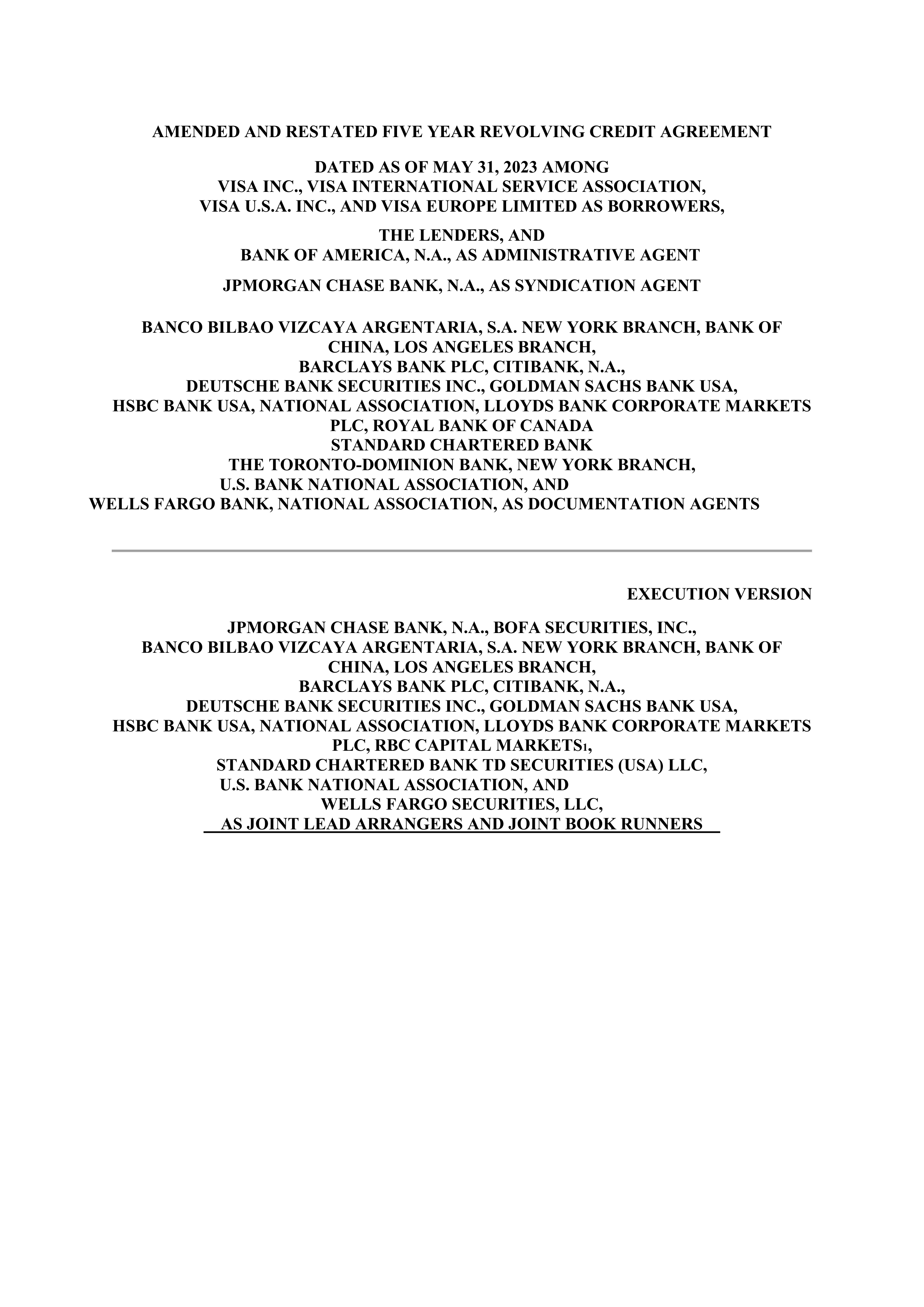 VISA AMENDED AND RESTATED FIVE YEAR REVOLVING CREDIT AGREEMENT — page 1