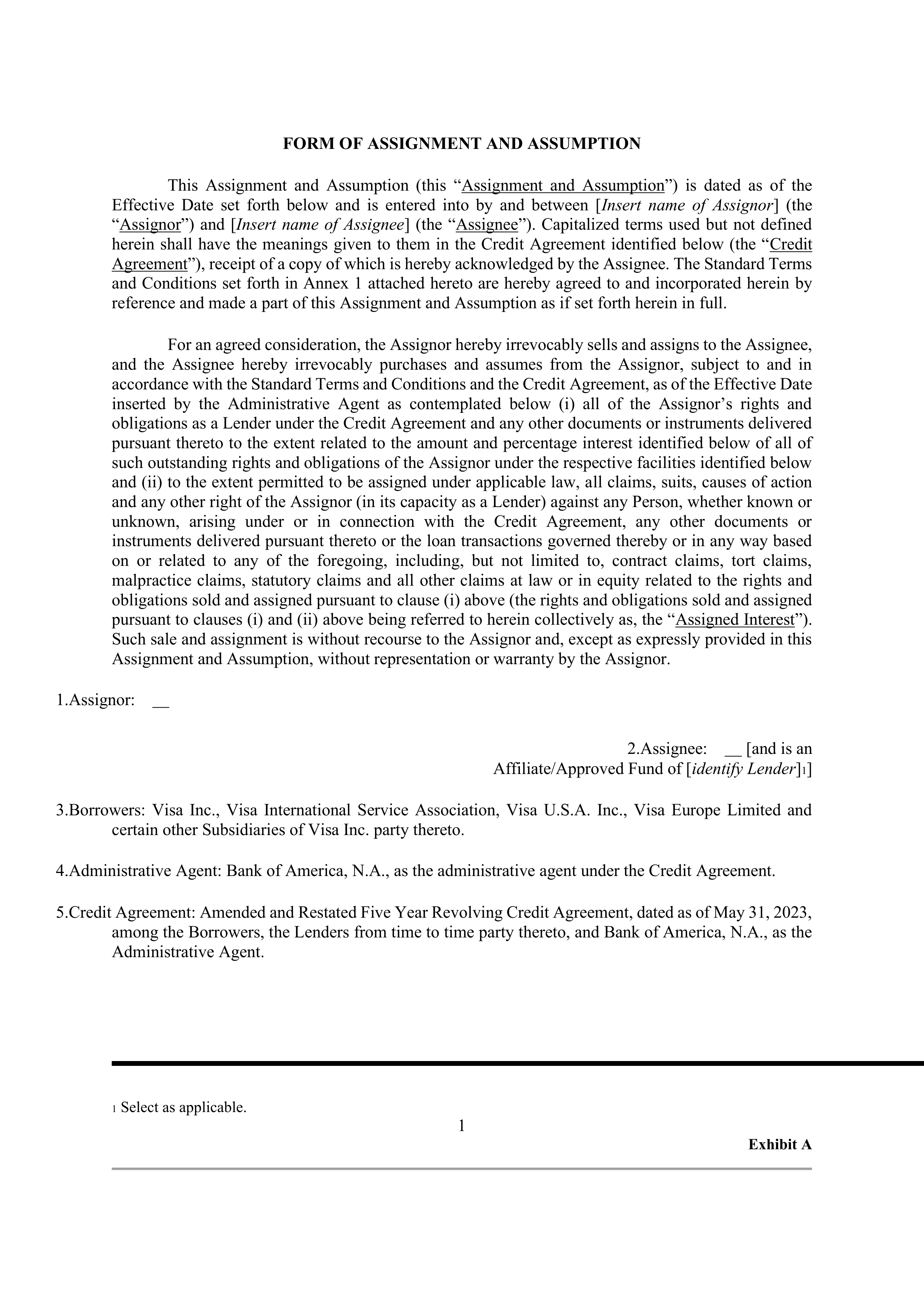 VISA AMENDED AND RESTATED FIVE YEAR REVOLVING CREDIT AGREEMENT — page 104