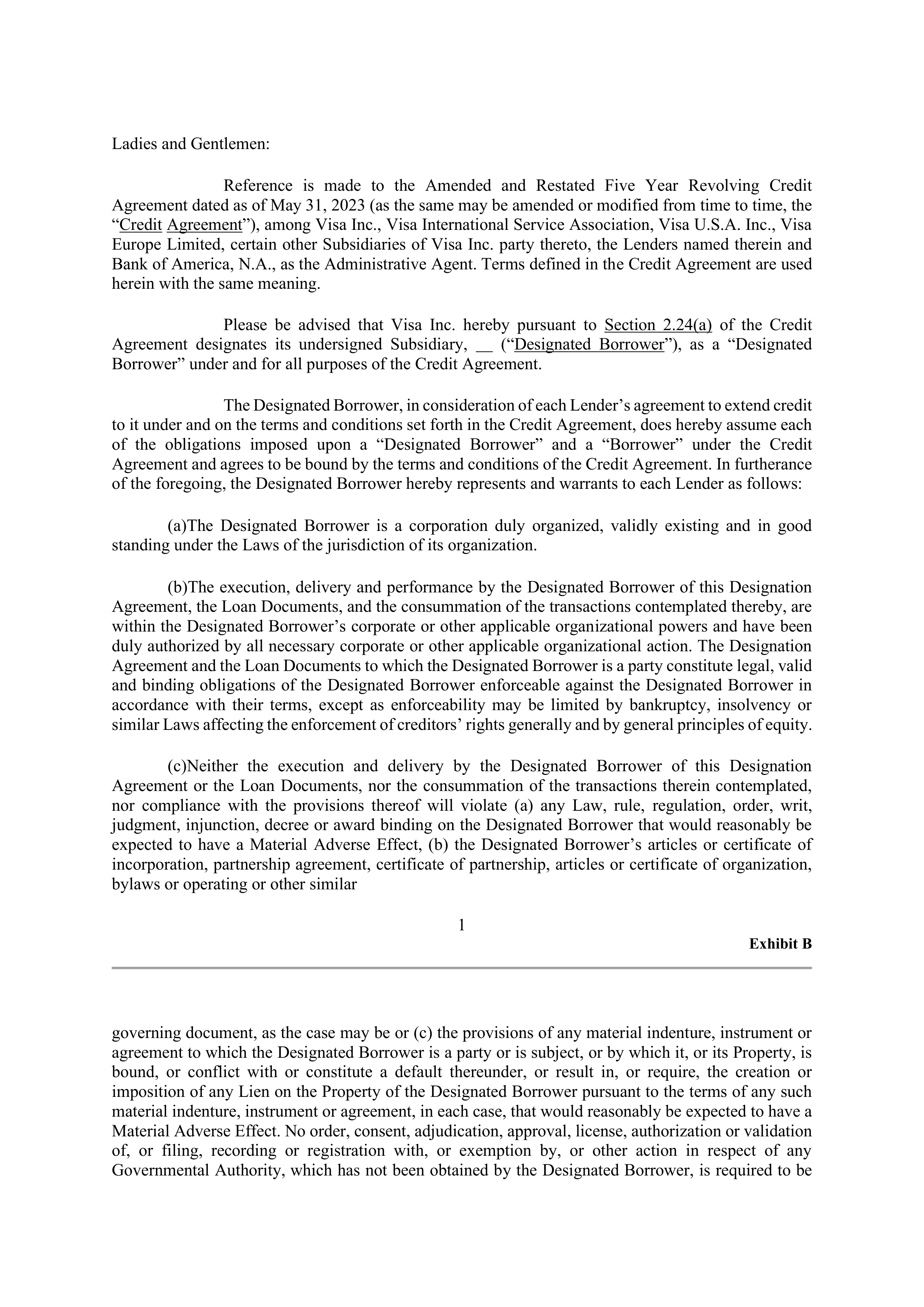 VISA AMENDED AND RESTATED FIVE YEAR REVOLVING CREDIT AGREEMENT — page 109