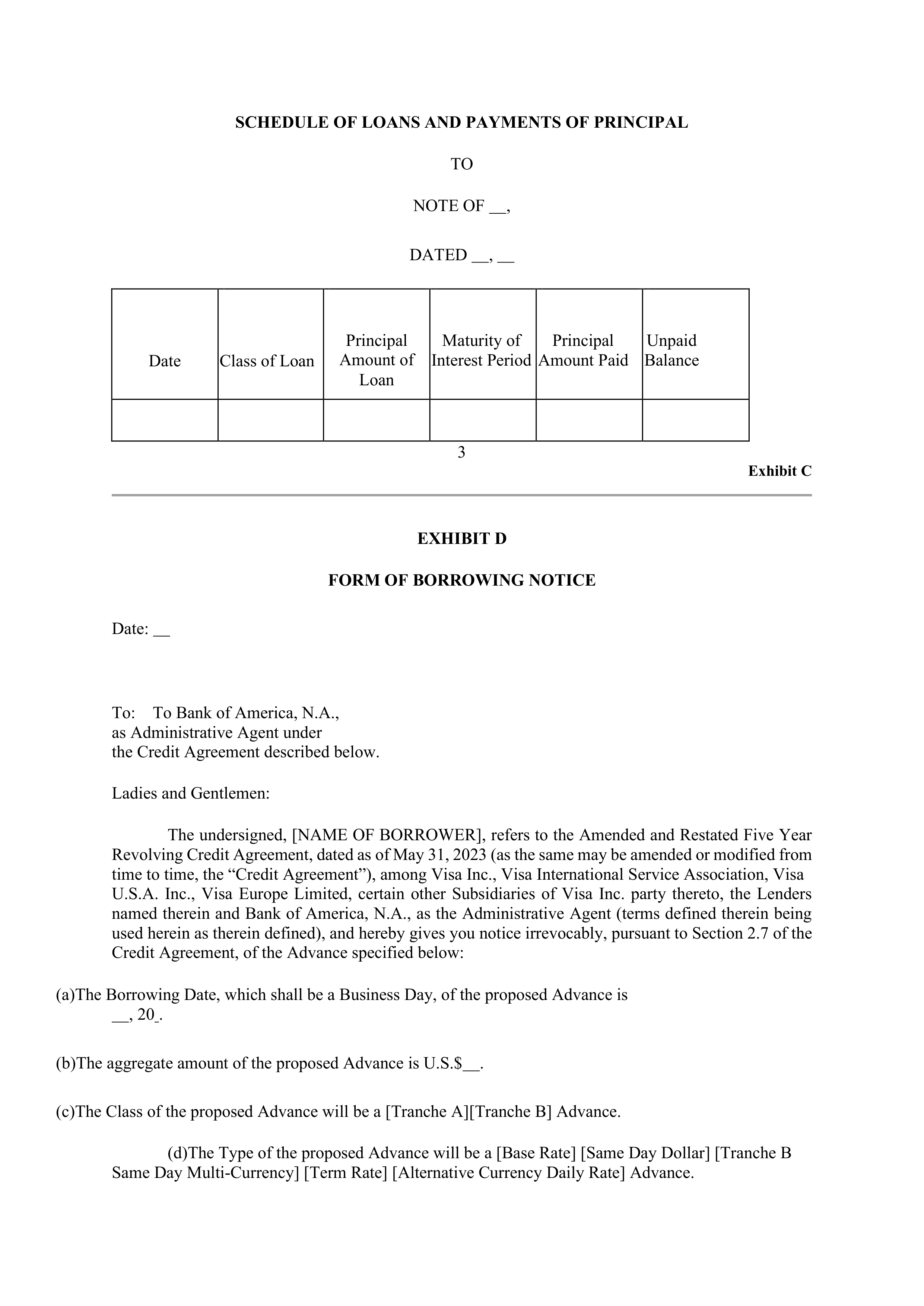 VISA AMENDED AND RESTATED FIVE YEAR REVOLVING CREDIT AGREEMENT — page 112