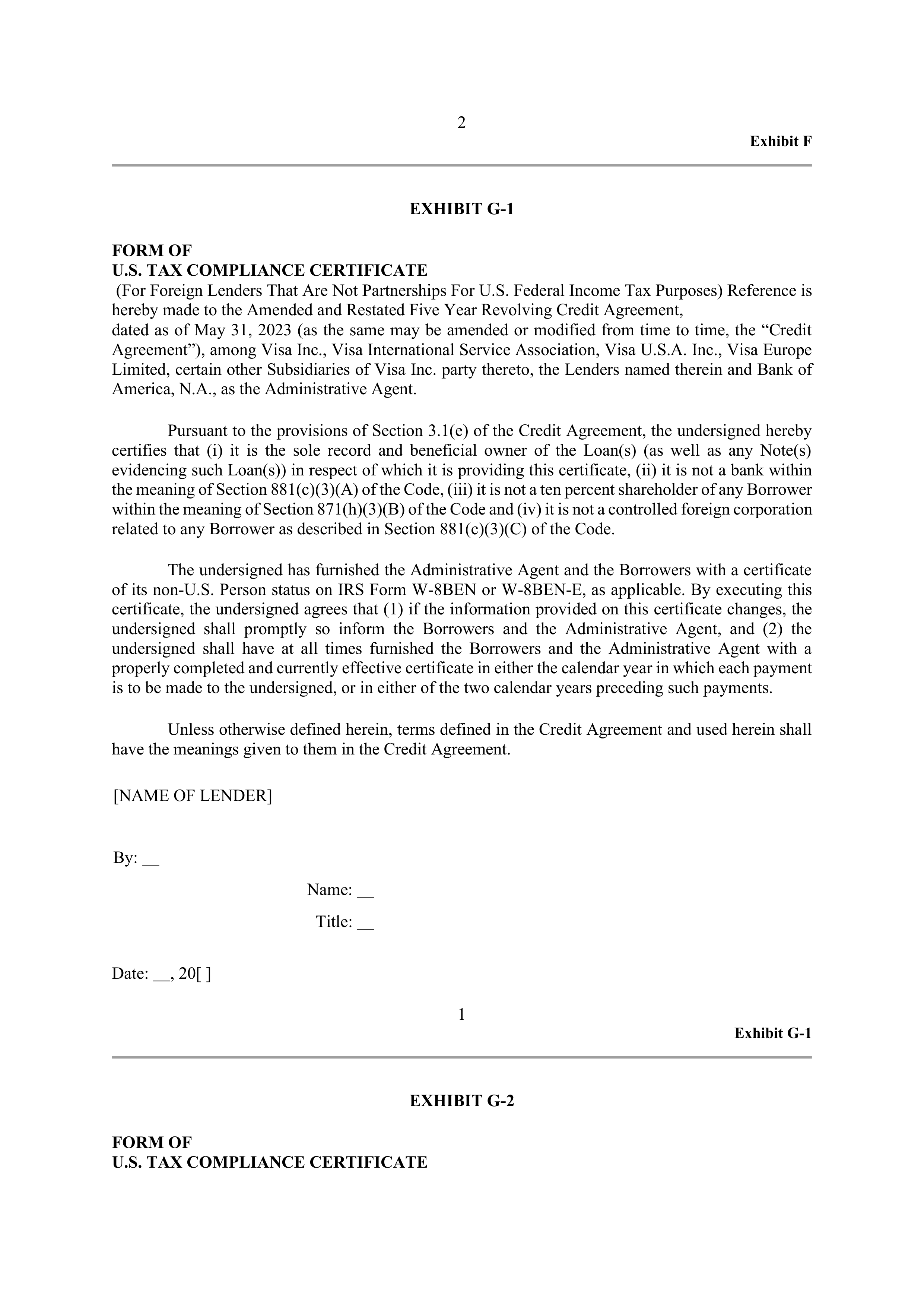 VISA AMENDED AND RESTATED FIVE YEAR REVOLVING CREDIT AGREEMENT — page 115