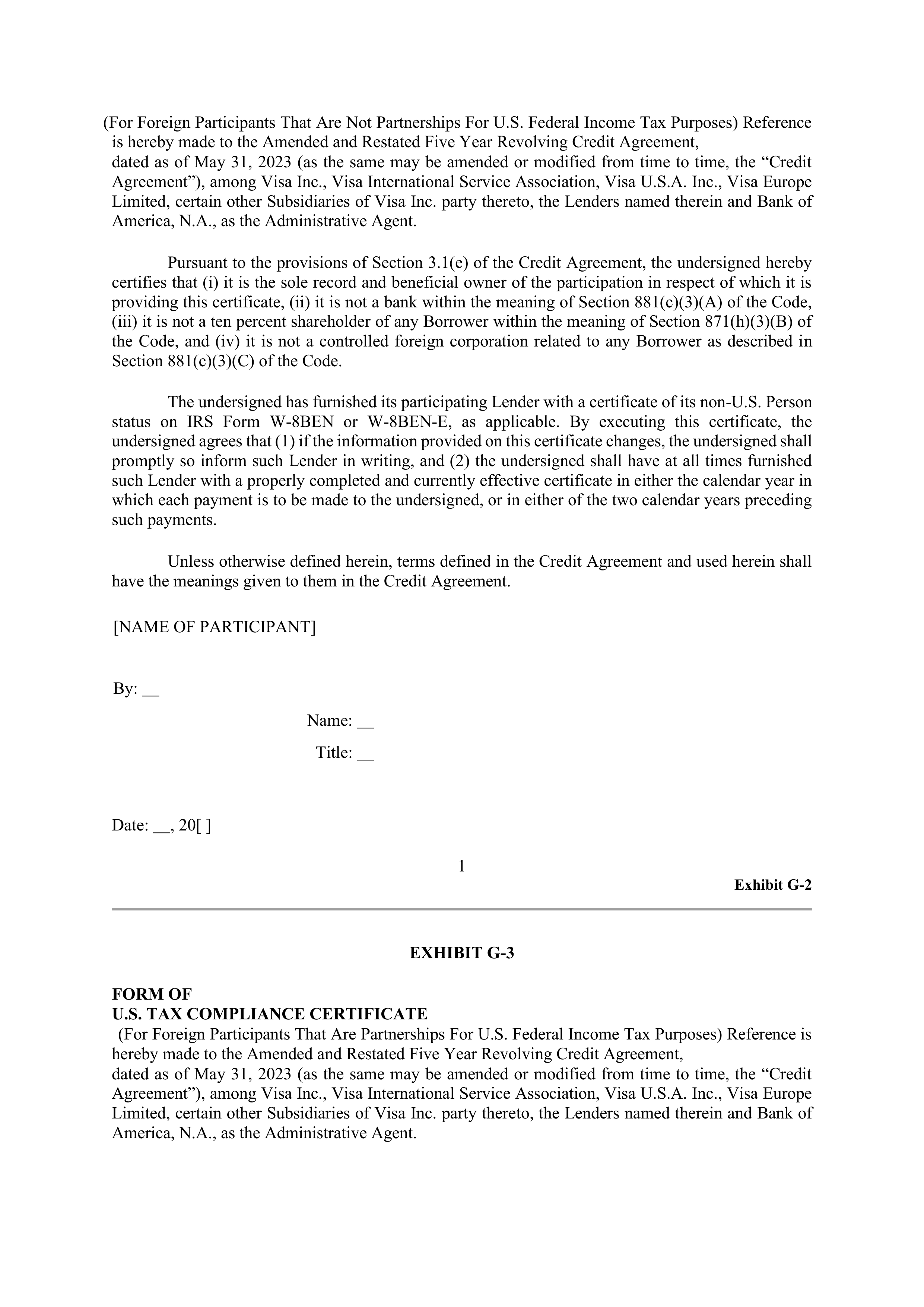 VISA AMENDED AND RESTATED FIVE YEAR REVOLVING CREDIT AGREEMENT — page 116