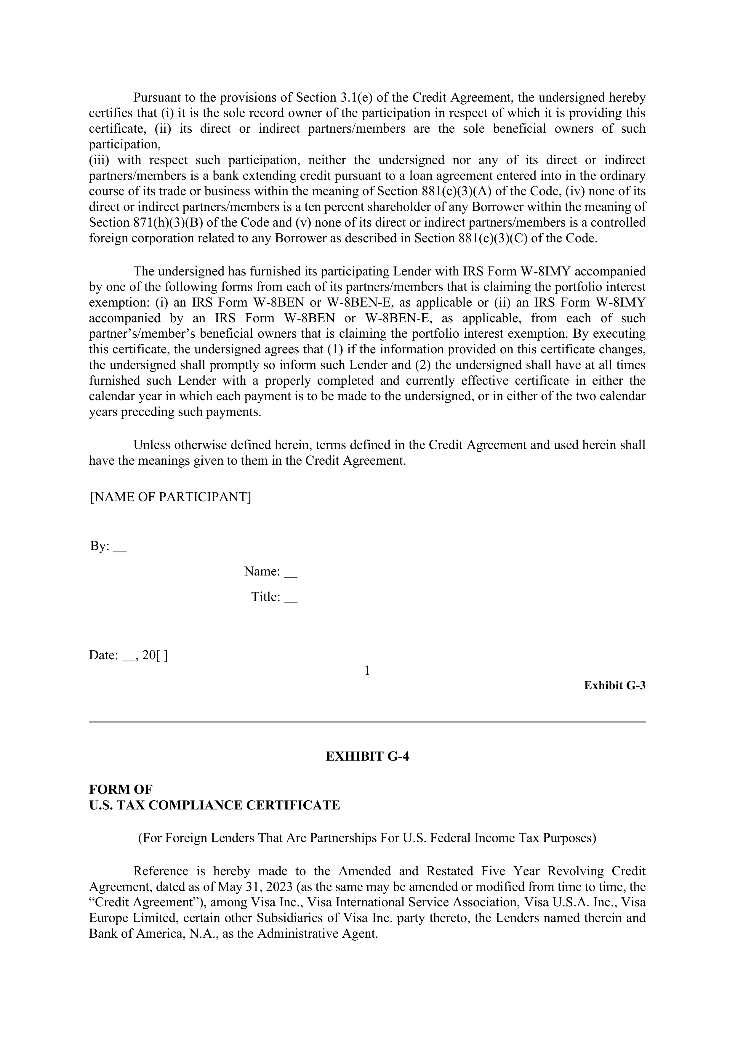 VISA AMENDED AND RESTATED FIVE YEAR REVOLVING CREDIT AGREEMENT — page 117