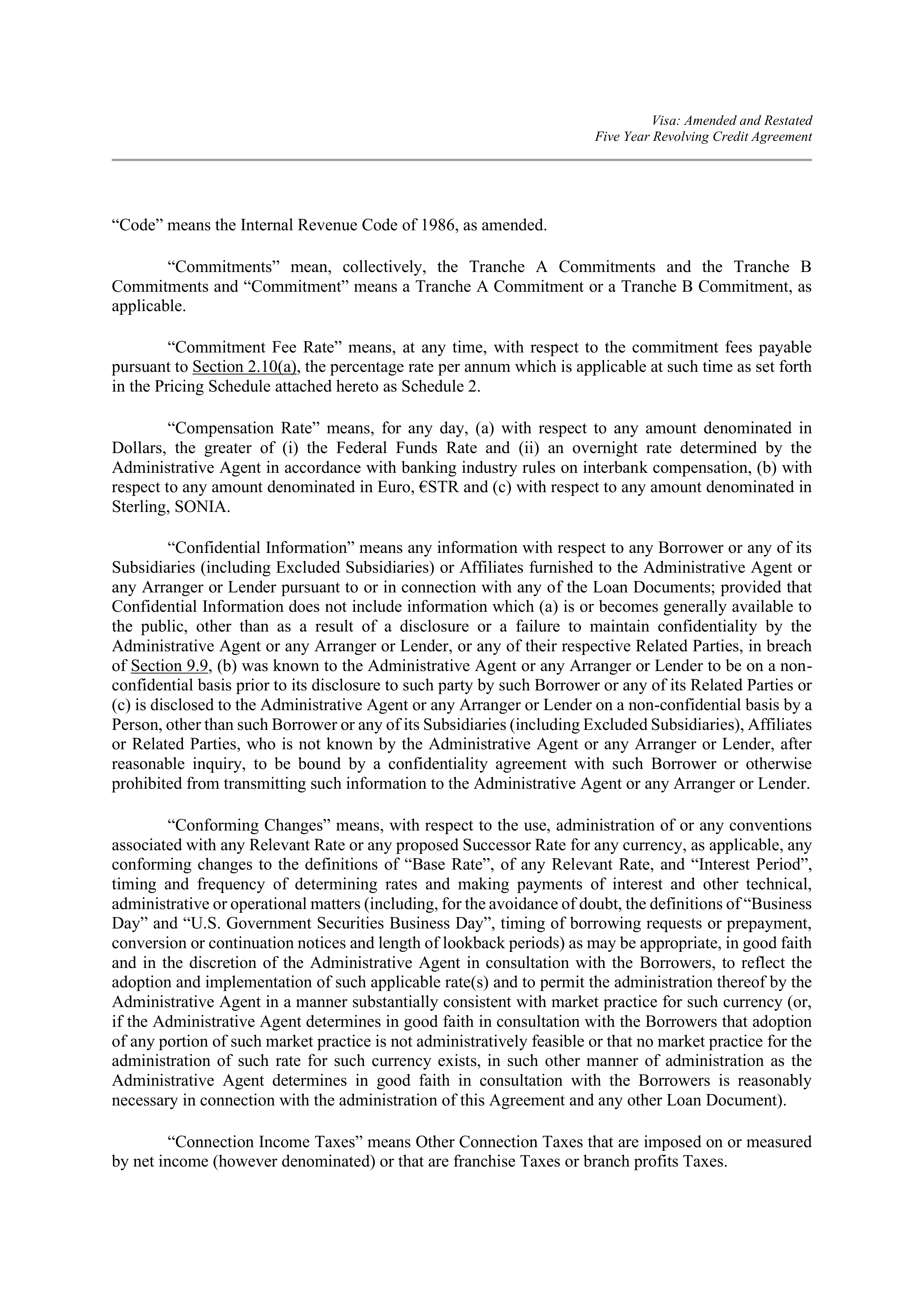 VISA AMENDED AND RESTATED FIVE YEAR REVOLVING CREDIT AGREEMENT — page 12
