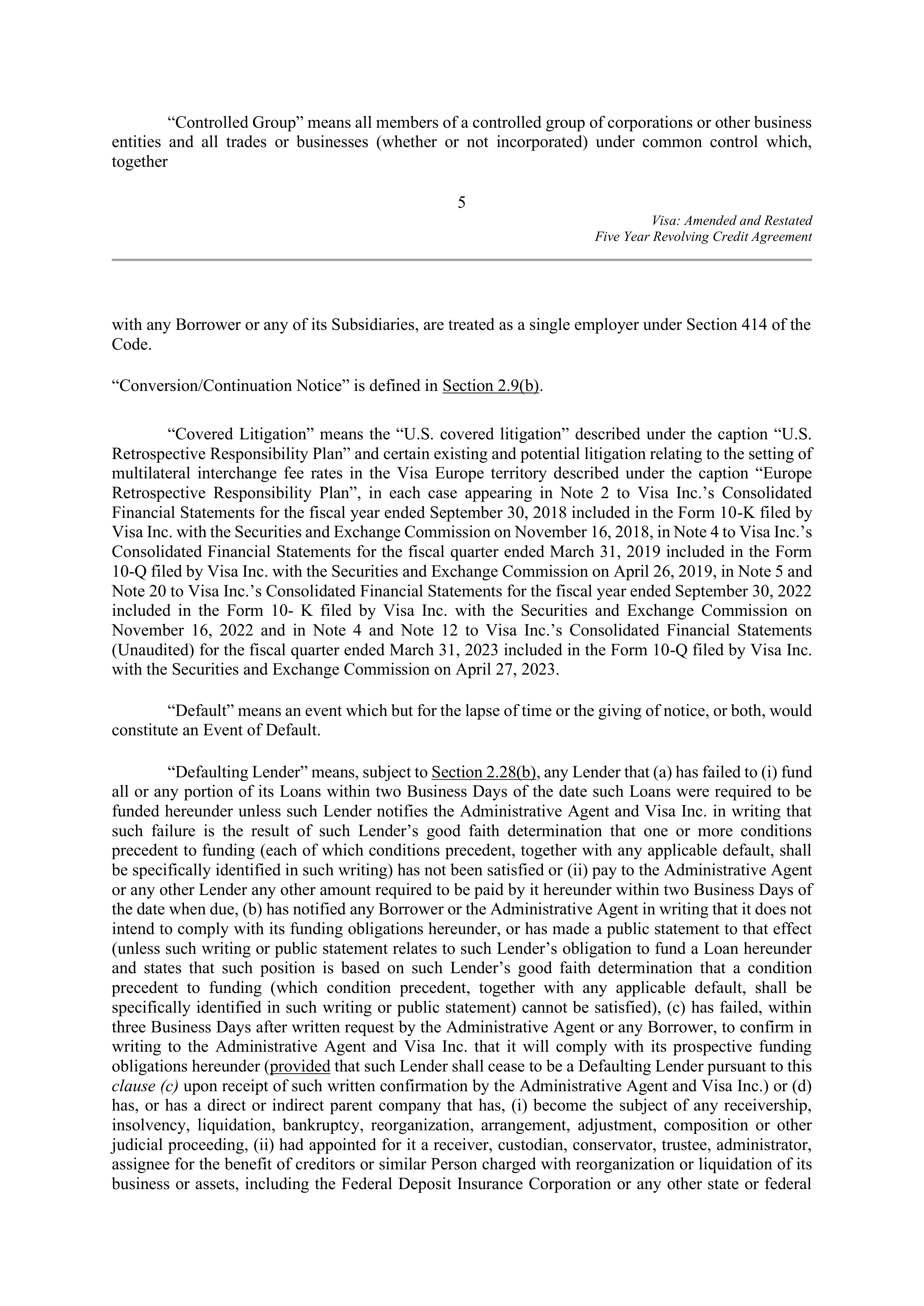 VISA AMENDED AND RESTATED FIVE YEAR REVOLVING CREDIT AGREEMENT — page 13
